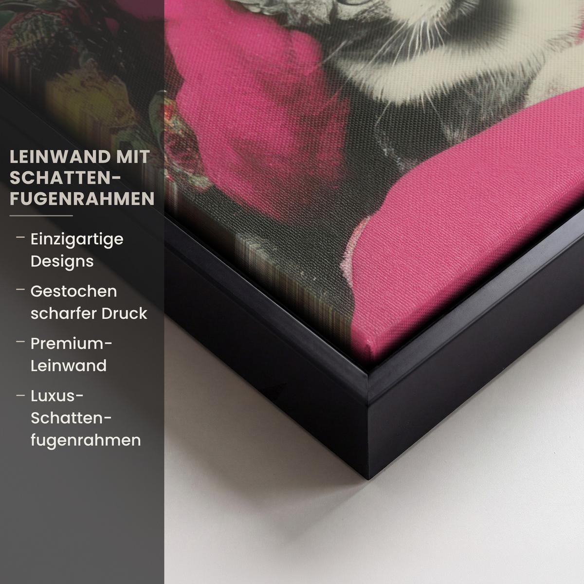 LEINWAND Bilder mit Rahmen - Frau - Katze - Blumen - Tasse - Retro - 60x80 - Magenta, Textil (60/80cm) - MuchoWow