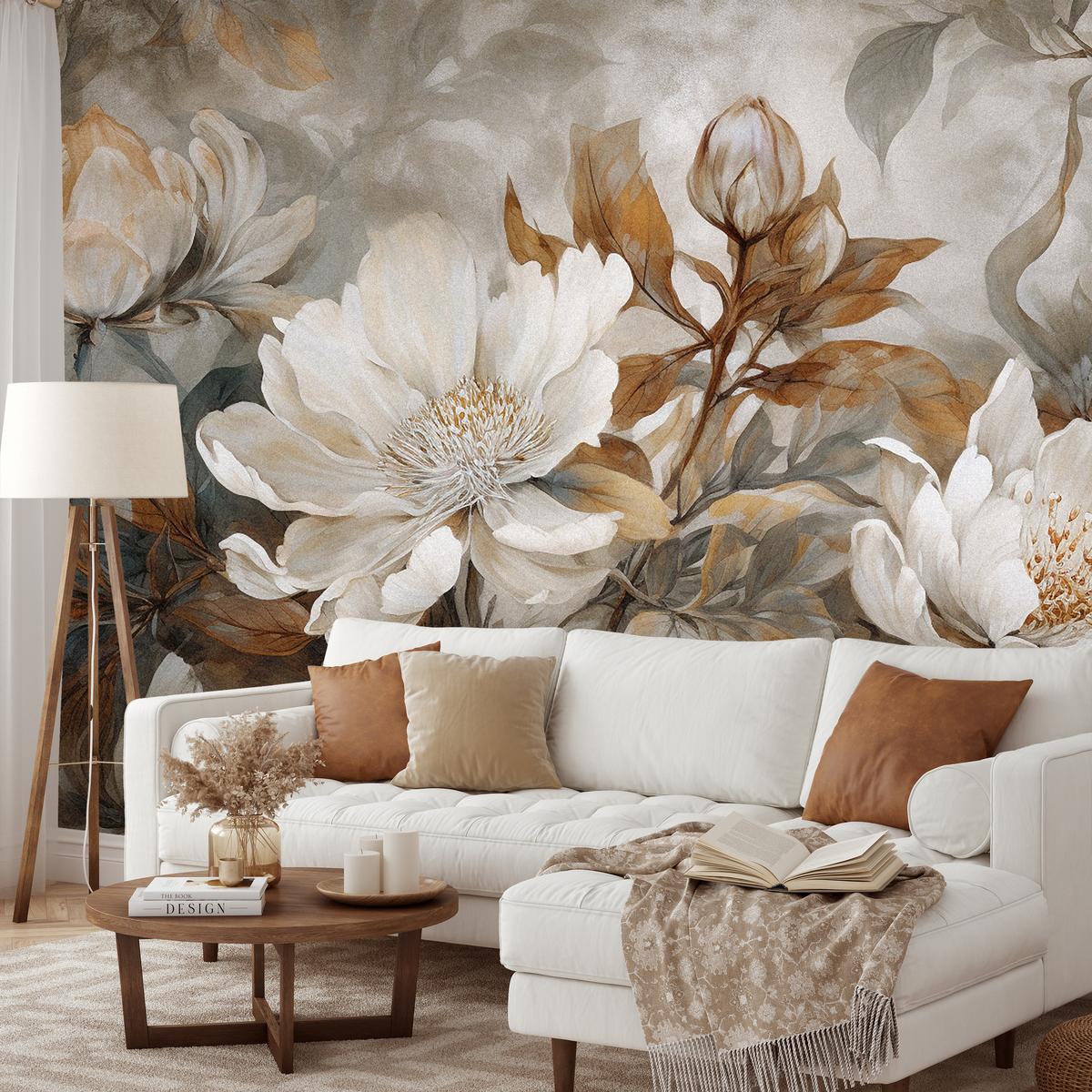 FOTOTAPETE für Wohnzimmer Blätter Abstrakte Blüten Pflanzen Retro 150x105 - Grau, Papier (150/105cm) - Muralo