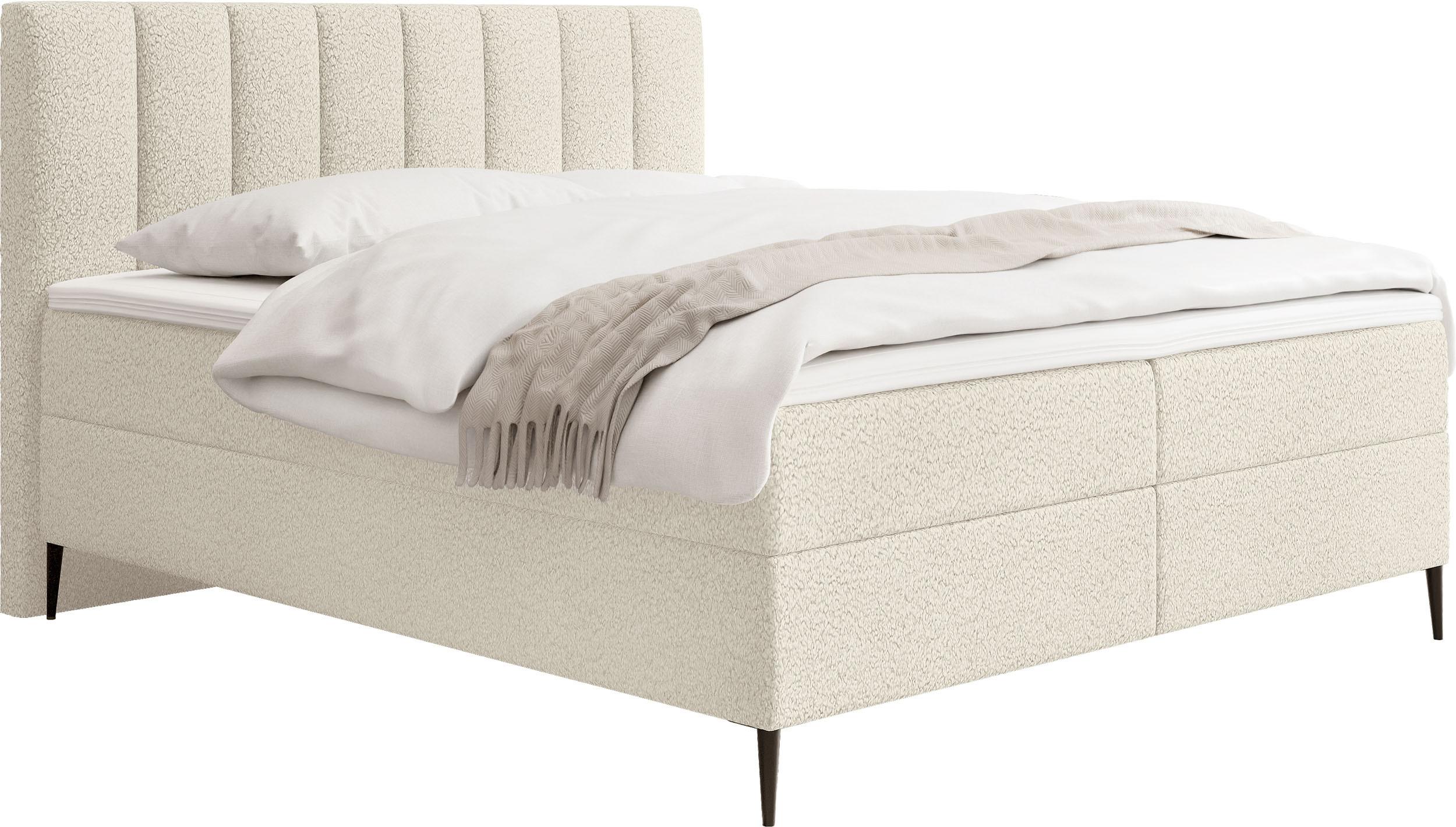 BOXBETT Allen mit Bettkasten, Boucle Creme 120x200 cm – inkl. H4 Taschenfederkern Matratze & Foam Topper - Creme/Schwarz, Holz/Holzwerkstoff (120/200cm) - WFL GROUP