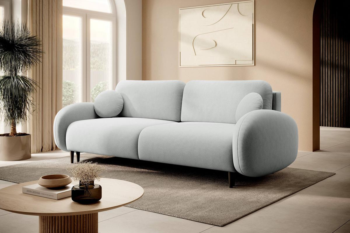 BETTSOFA AGIO Hellgrau Plüsch-Stoff mit Schlaffunktion - Hellgrau, Holz (232/95/109cm) - MASSENO