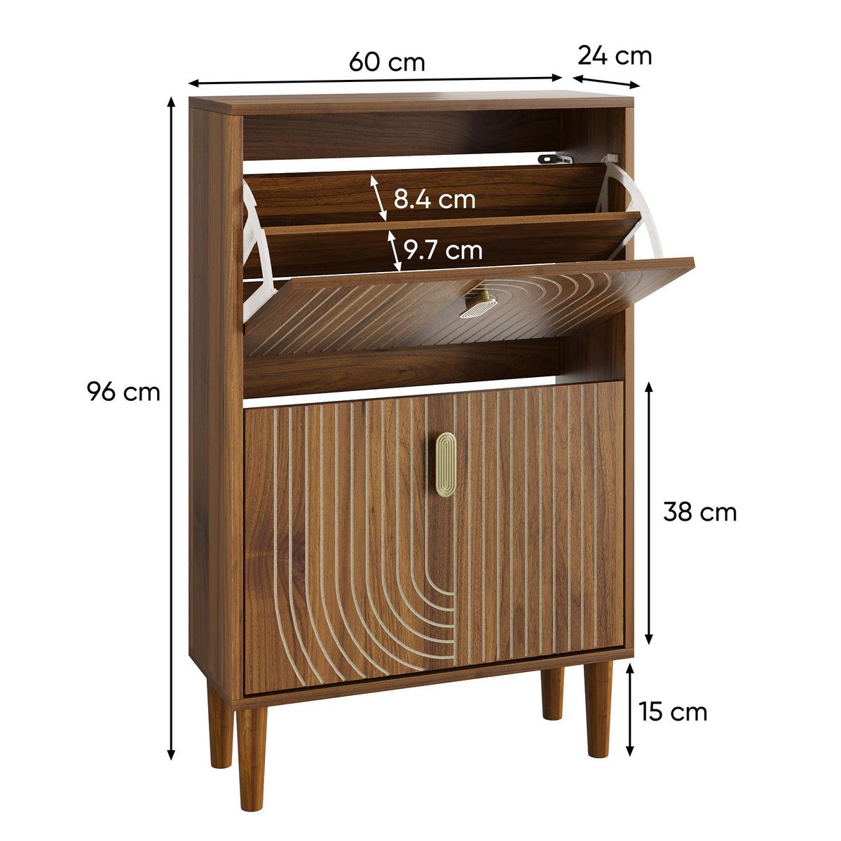 SCHUHSCHRANK 60 cm Braun mit 2 Klappfächern, Rillenfront und Metallgriff für Flur - Braun, Holzwerkstoff (60/96/24cm) - Urban Meuble