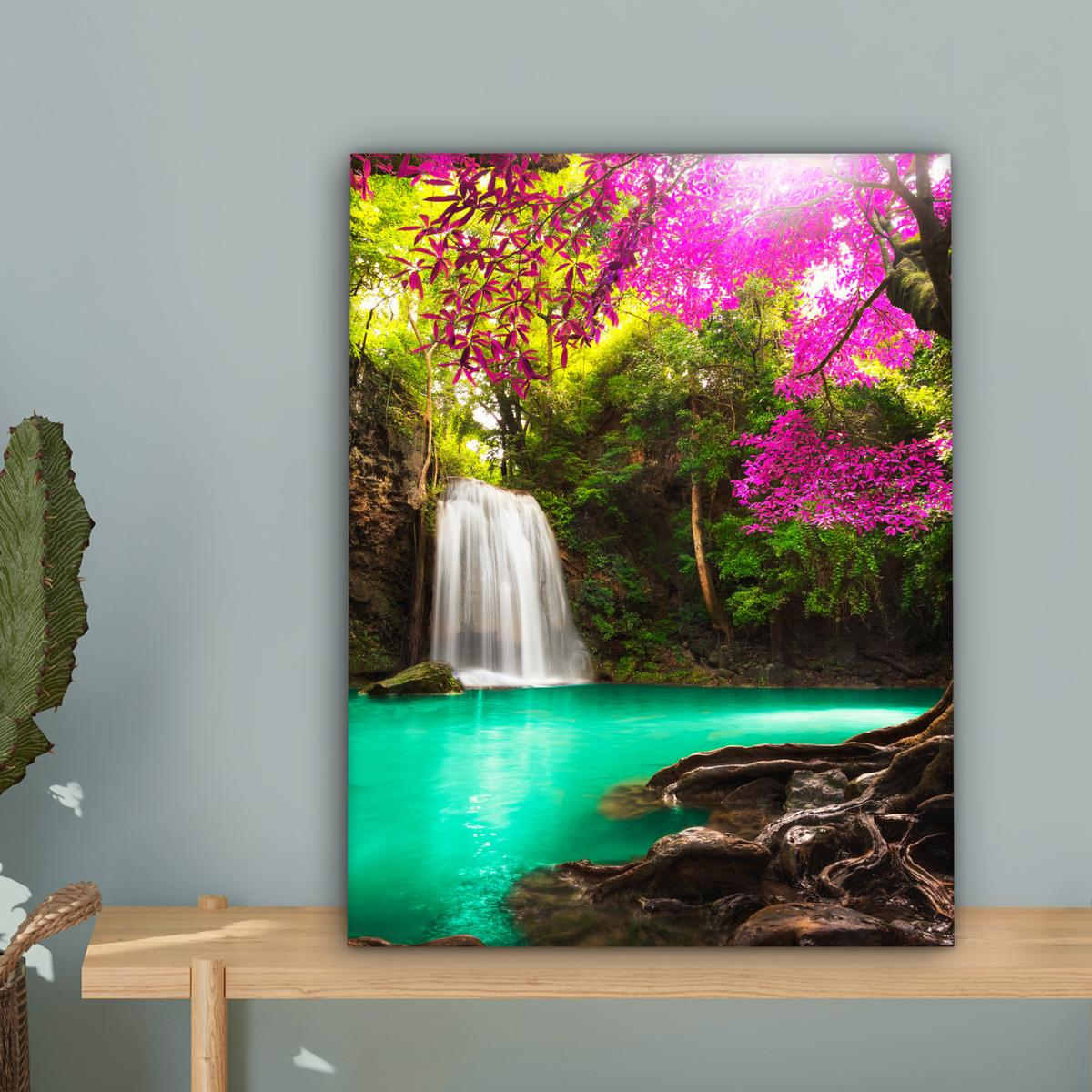 LEINWANDBILD Wasserfall mit bunten Blumen und Bäumen - Natur - Dschungel Room Decor 30x40 cm - Waldgrün, Textil (30/40cm) - MuchoWow