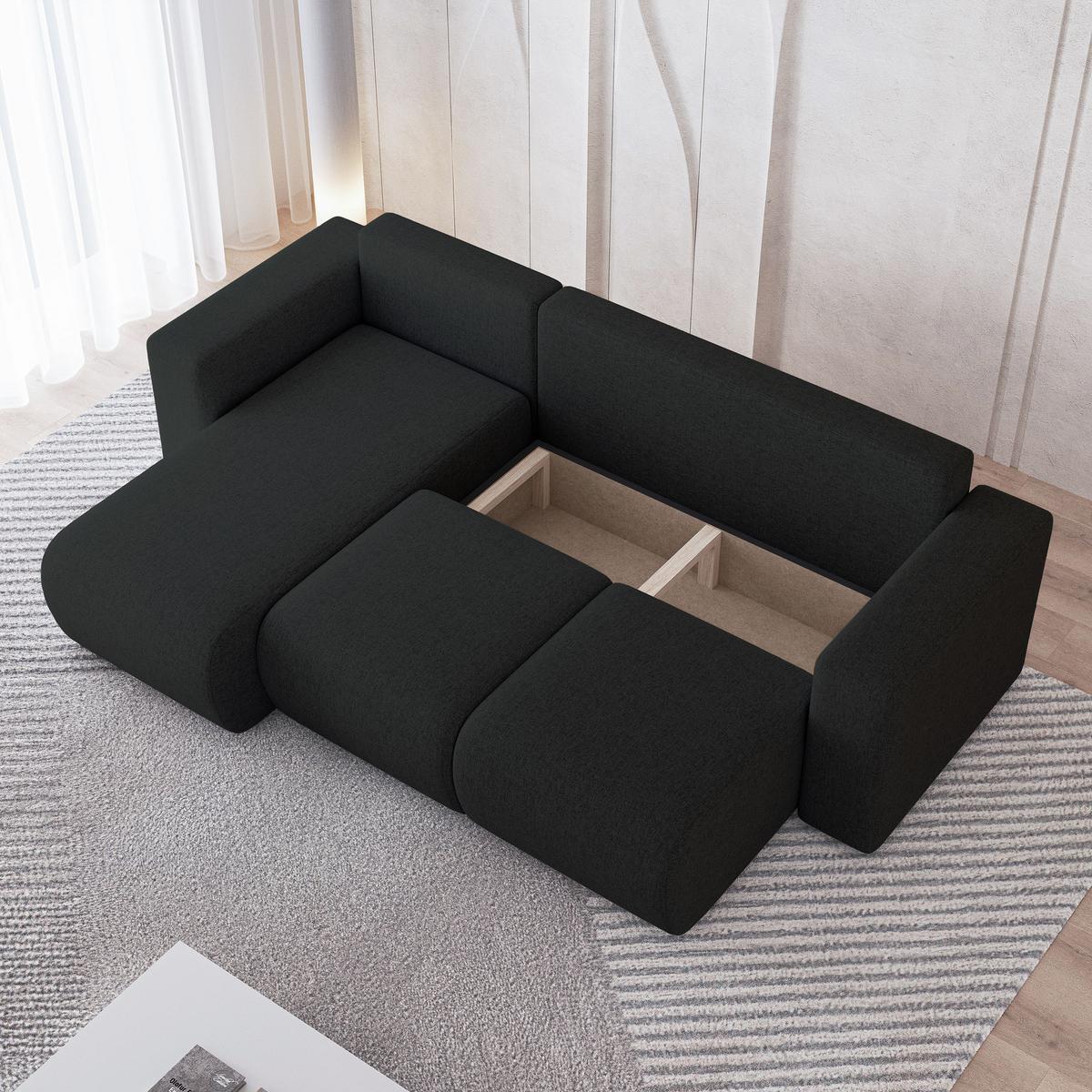 ECKSOFA RINOVA Schwarz Geflochtener Stoff mit Schlaffunktion - Schwarz, Holz (250/143cm) - MASSENO
