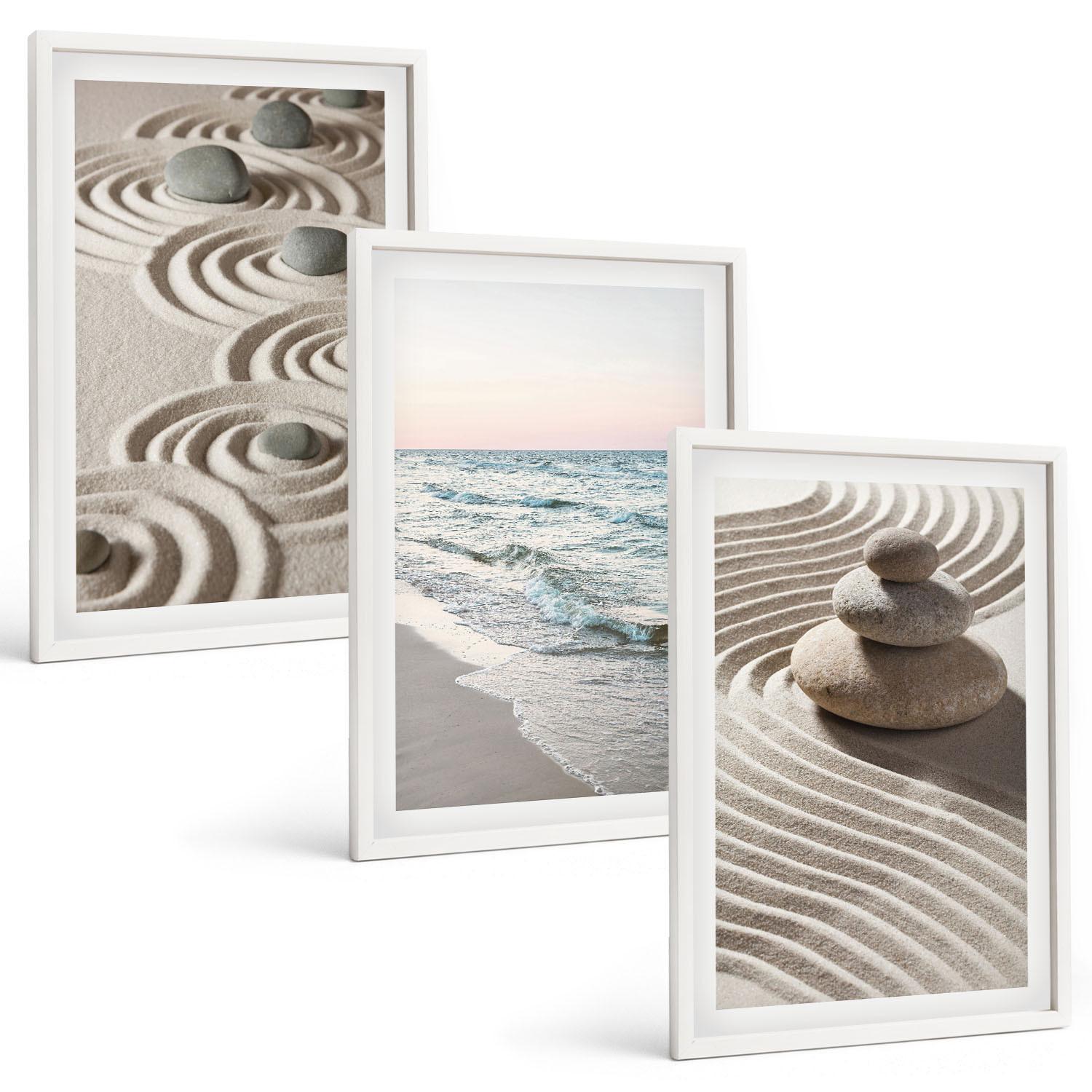 BILDER SET 3er Set - 40x60 cm Weißer Rahmen - Wellen, Sand, Wasser, Steine, Strand - Weiß, Kunststoff (40/60cm) - TULUP