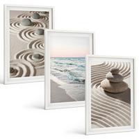 BILDER SET 3er Set - 40x60 cm Weißer Rahmen - Wellen, Sand, Wasser, Steine, Strand - Weiß, Kunststoff (40/60cm) - TULUP