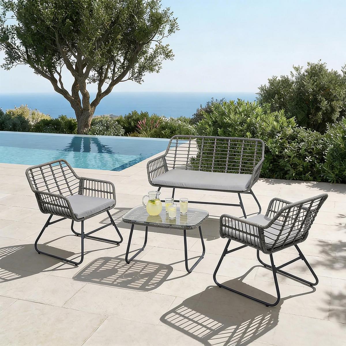 GARTENLOUNGE RIVIERA 4er Set grau/schwarz - Hellgrau/Grau, Metall - IDIMEX