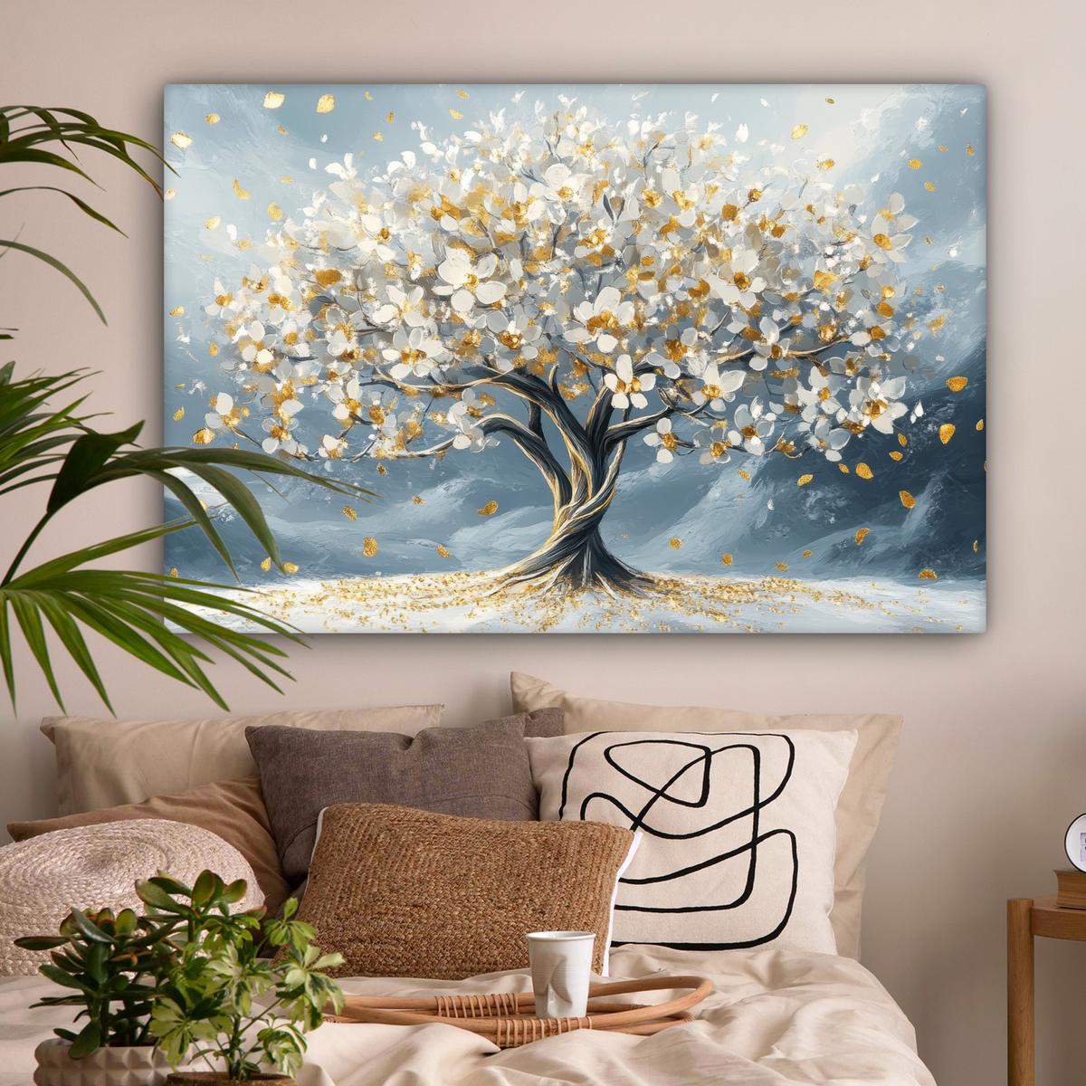 LEINWANDBILD Baum - Winter - Baum des Lebens - Modern - Gold XXL 150x100 cm - Goldfarben, Textil (150/100cm) - MuchoWow
