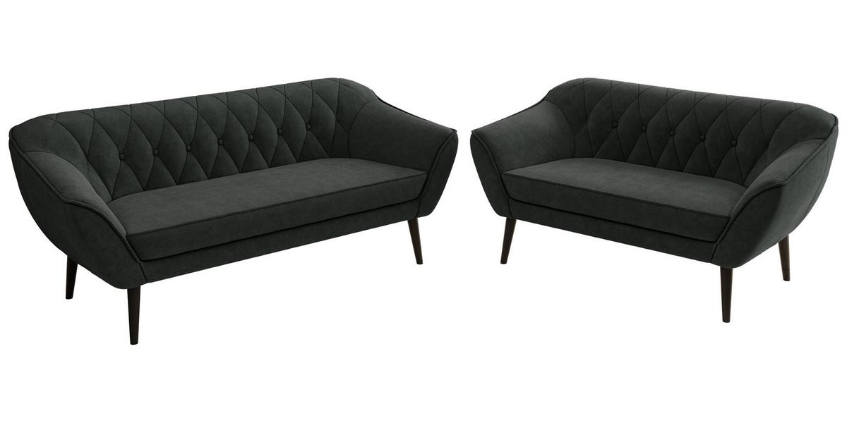 SITZGARNITUR PIRS 3+2 - Dunkelgrau Strukture - Schwarze Beine - Dunkelgrau/Graphitfarben, Holzwerkstoff/Textil (180/75/74cm) - MKS