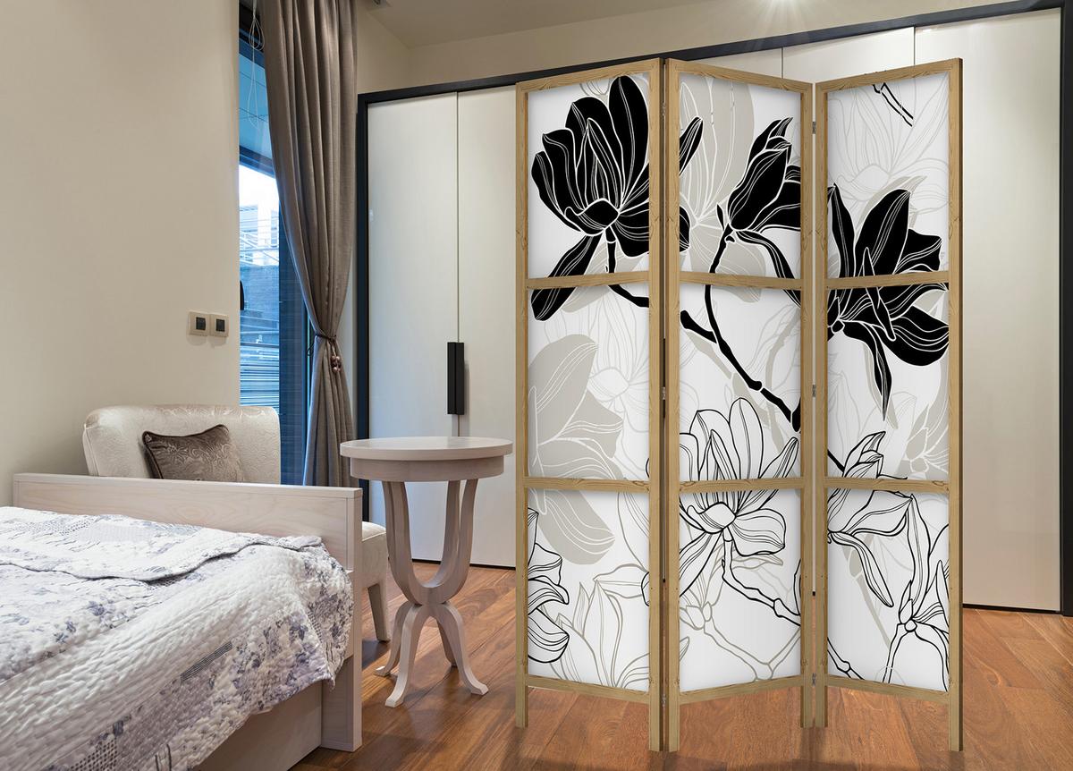 PARAVENT Japanischer 3-tlg 135x172 cm Schwarz-Wei e Magnolien - Weiß, Holz/Textil (135/172/3cm) - Muralo