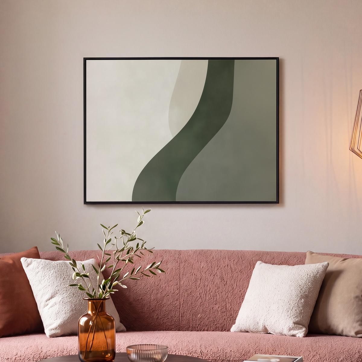 LEINWAND Bilder mit Rahmen - Japandi - Grün - Abstrakt - Modern - 70x50 - Salbeigrün, Textil (70/50cm) - MuchoWow