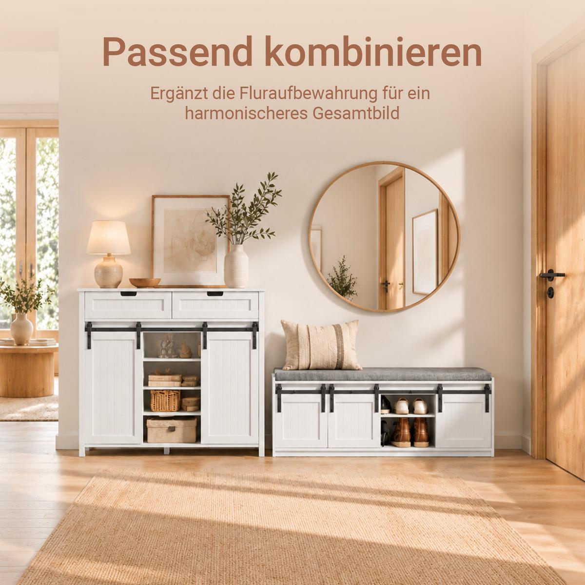 SCHUHBANK mit Sitzfläche 120x45x35cm Weiß, 3 Schiebetüren, Sitzfläche bis 200 kg, für Flur und Diele - Schwarz/Weiß, Holzwerkstoff/Metall (120/45/35cm) - SoBuy