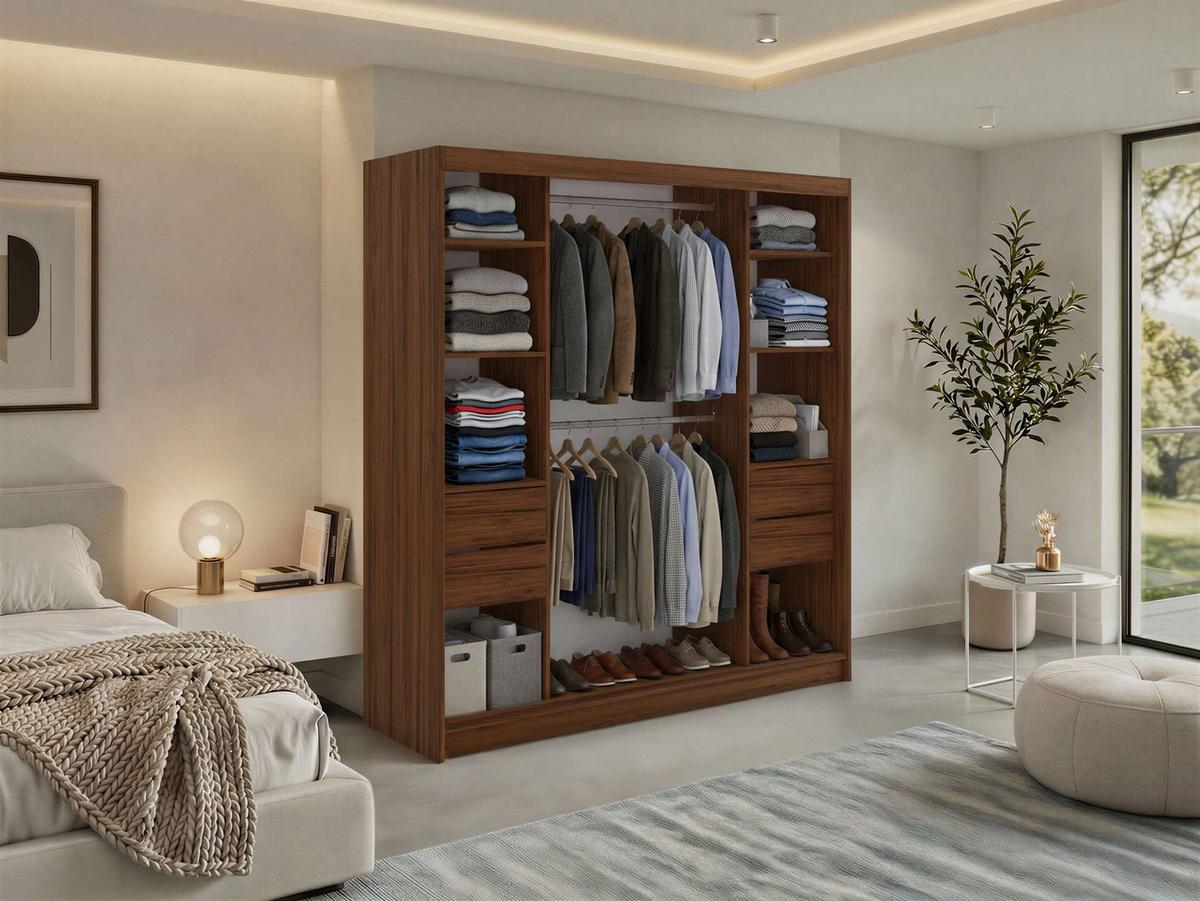 SCHWEBETÜRENSCHRANK mit Schubladen 200 - VERONA - Warmia Walnuss mit Spiegel - Walnussfarben/Alufarben, Holzwerkstoff/Metall (200/216/61cm) - MKS
