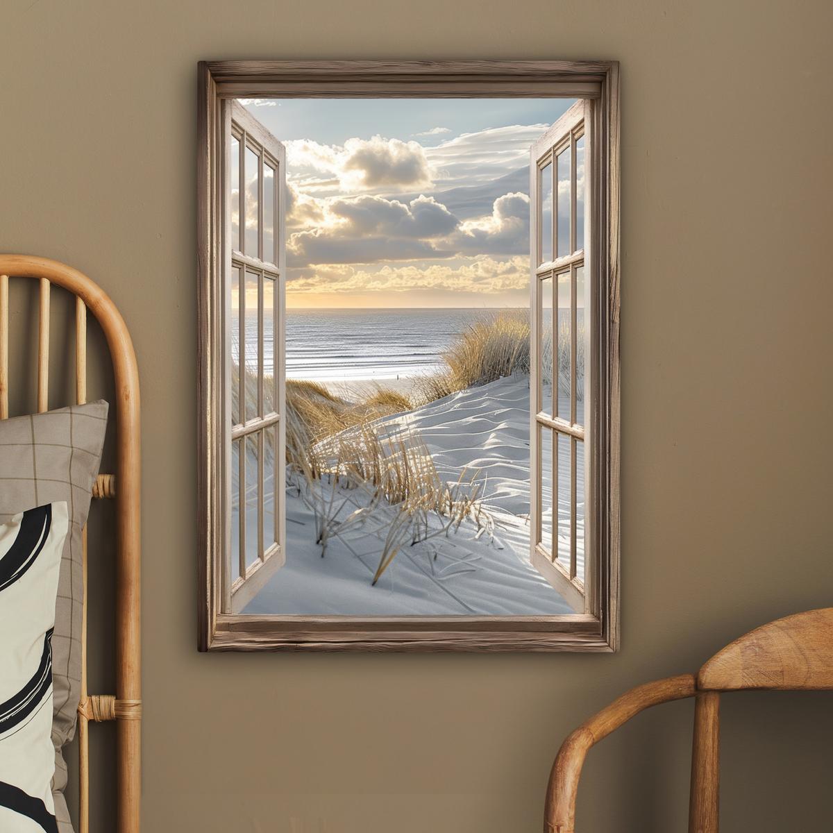 LEINWANDBILD Ausblick - Strand - Dünen - Meer - Natur Wandbild Wohnzimmer 60x80 cm - Sandfarben, Textil (60/80cm) - MuchoWow