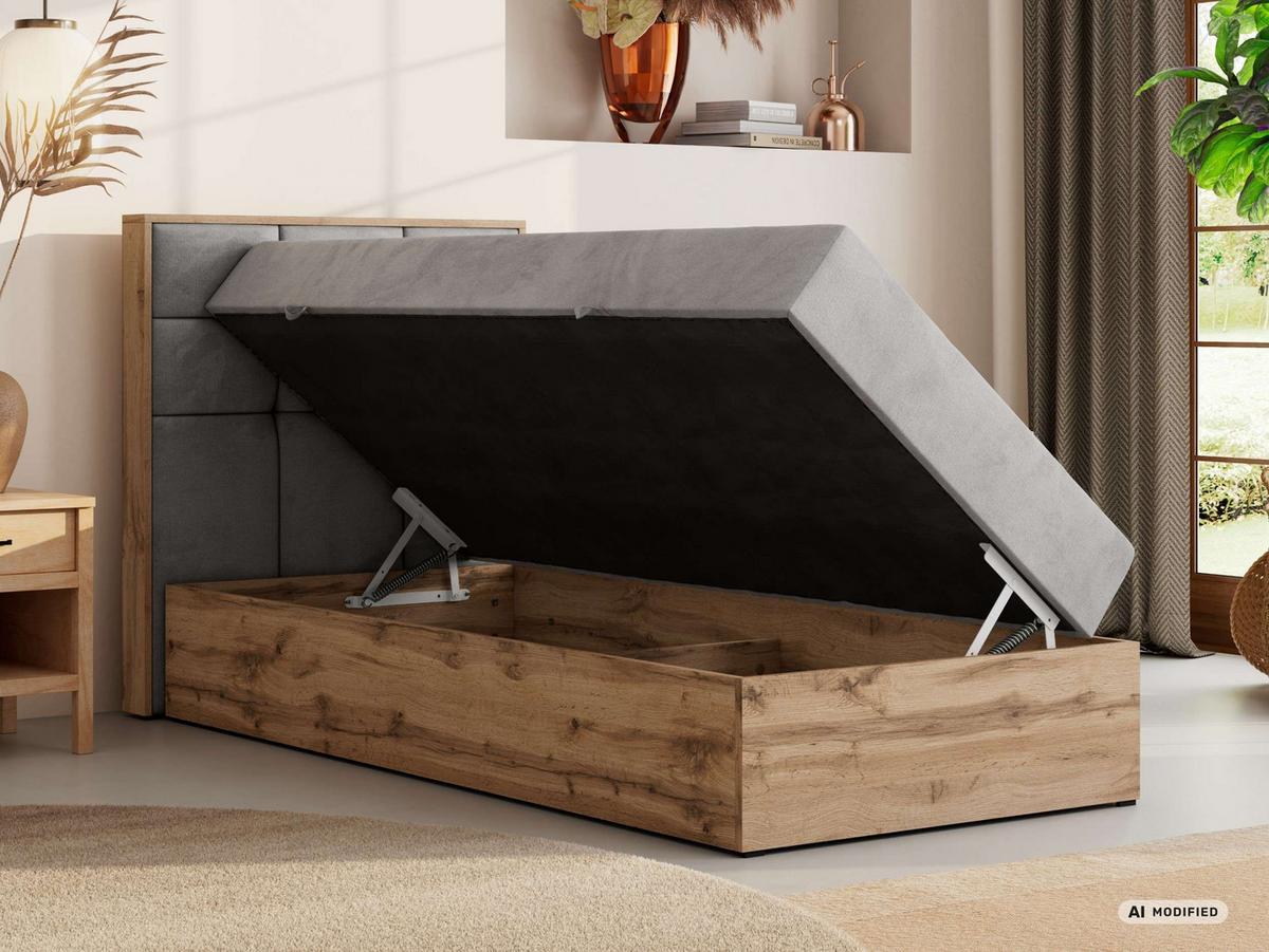 BOXBETT ALBERO 1 90/200 - Hellgrau Velvet - Topper Visco - H4 - Links - Hellgrau/Schwarz, Kunststoff/Textil (90/200cm) - MKS