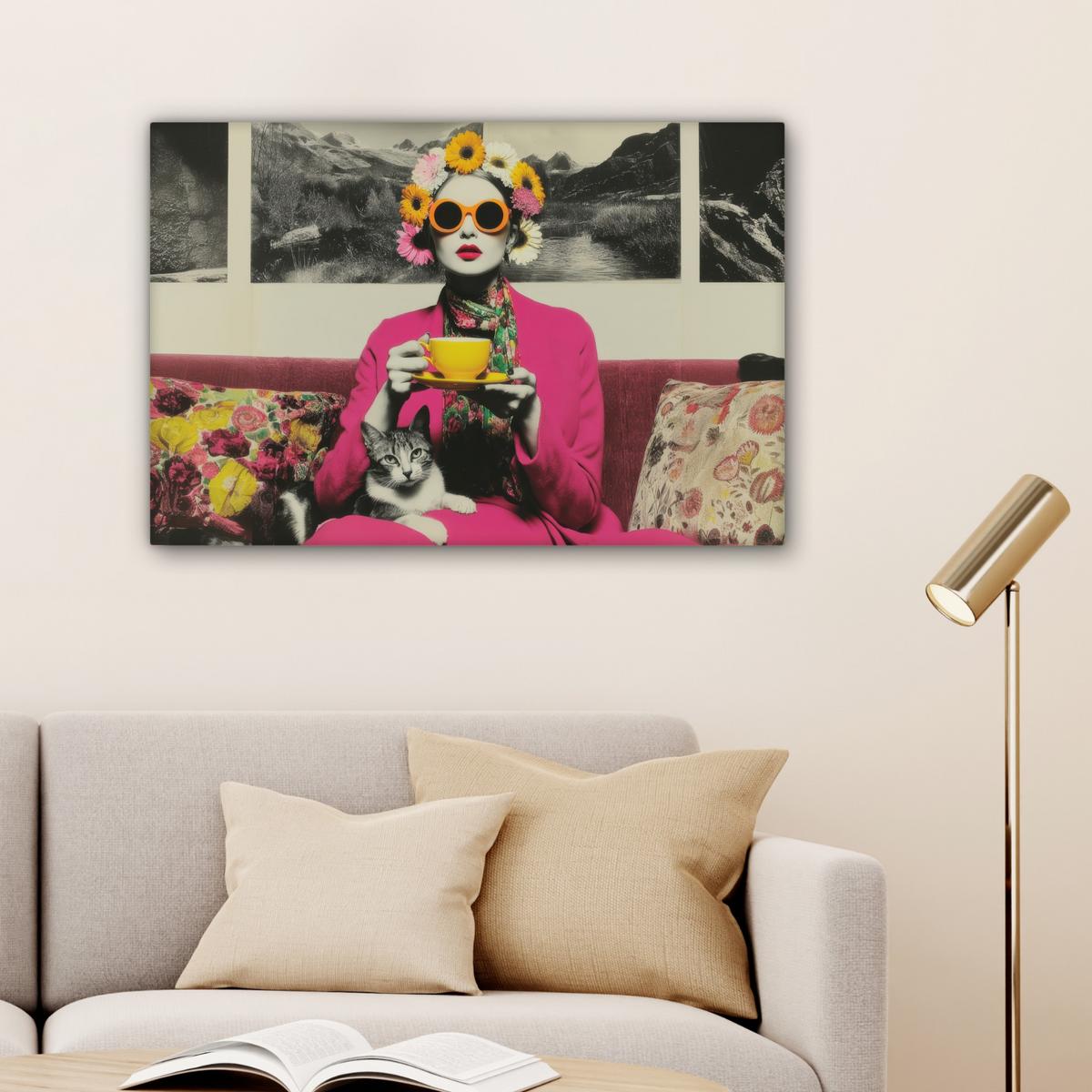 LEINWANDBILD Frau - Katze - Blumen - Tasse - Retro Gemälde 60x40 cm - Magenta, Textil (60/40cm) - MuchoWow