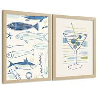 POSTER 2er Set Küchen-Wandbilder Fische Strichzeichnung und Martini Aquarell Minimalistisch Wanddeko Rahmenlos A4 - Klar, Papier (29.7/1/21cm) - Nacnic