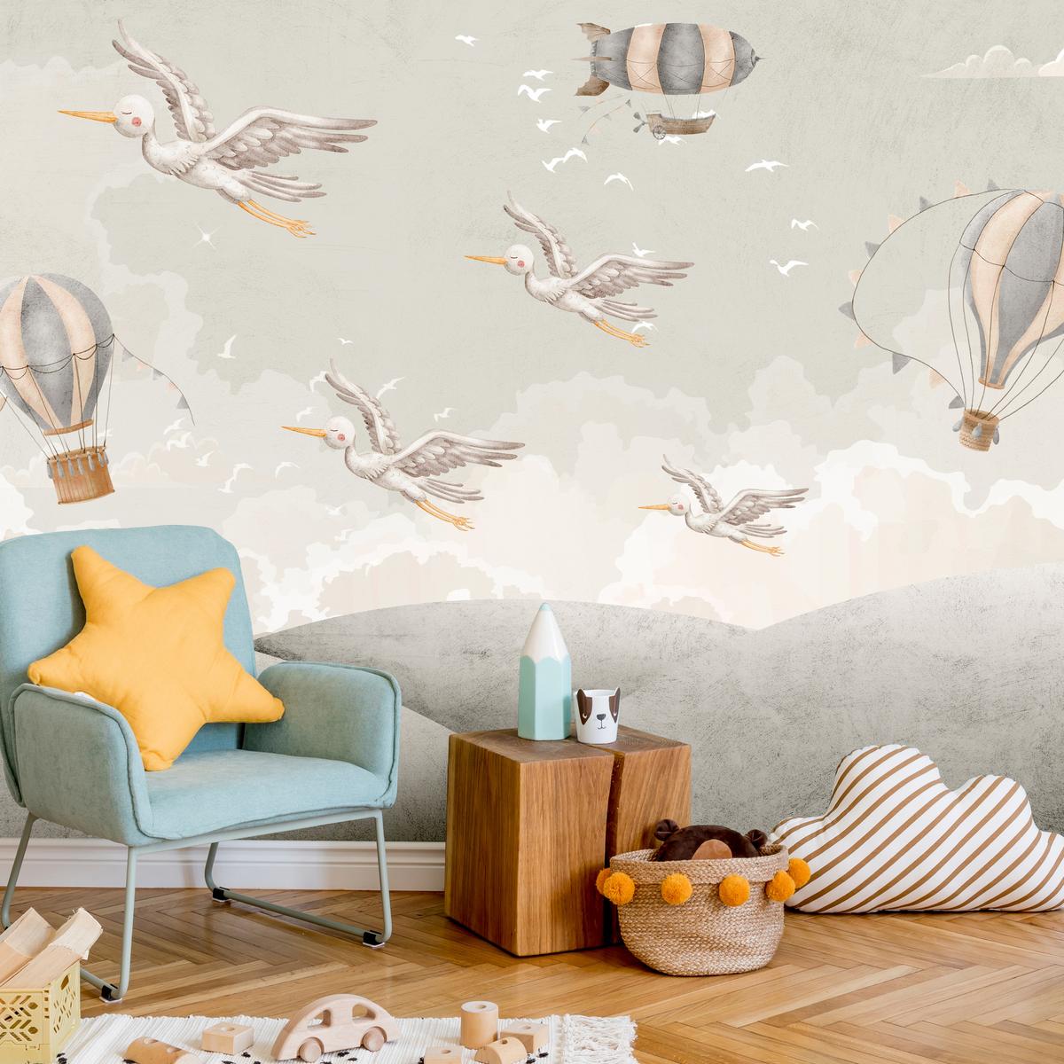 FOTOTAPETE für Kinderzimmer Boho Störche Aquarell Balon Luftschiff Himmel 300x210 - Beige/Weiß, Papier (300/210cm) - Muralo