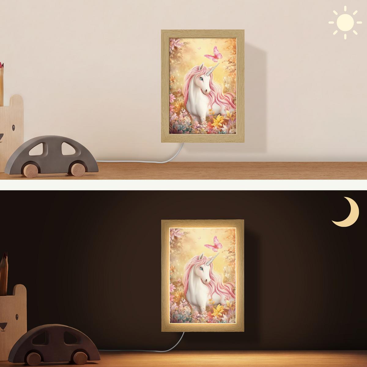 WANDLEUCHTE Einhorn - Blumen - Schmetterling - Rosa 15x20 cm - Beige, Holzwerkstoff (15/20/8cm) - OnlyWow