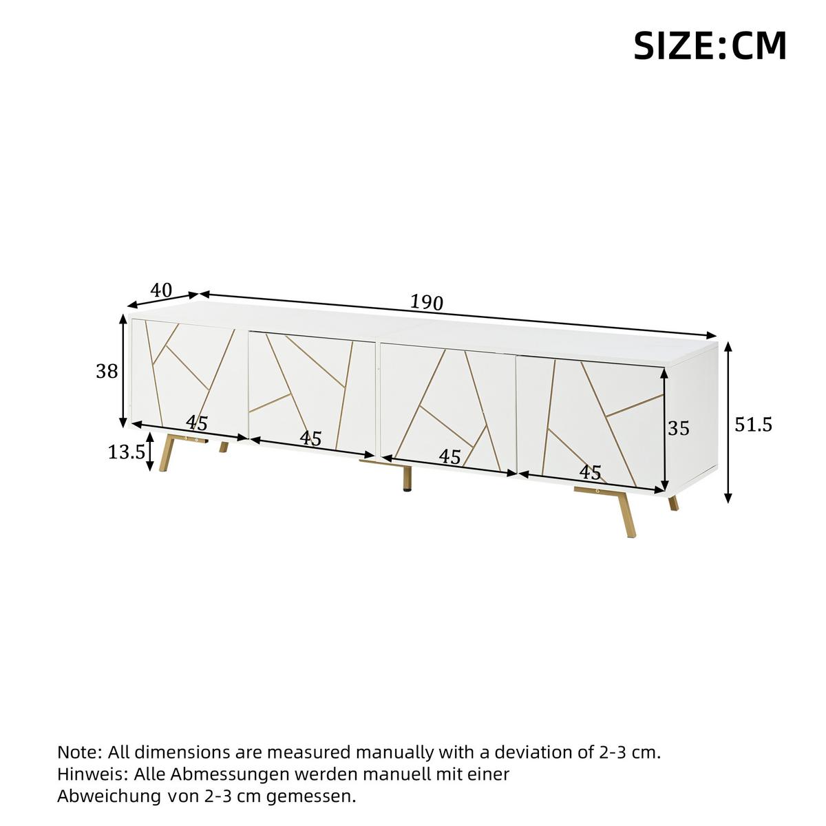 TV-LOWBOARD holzwerkstoff in weiß mit gold-details, 4 türen - Weiß, Holzwerkstoff (190/51.5/40cm) - Urban Meuble