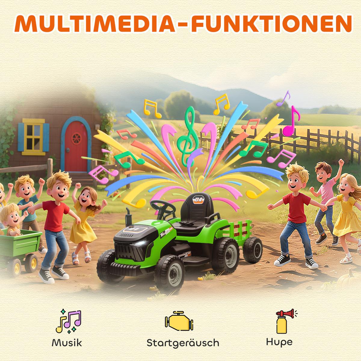 KINDER-ELEKTROTRAKTOR 3-Gang mit Anhänger, 2 Motor, für 3-8 Jahre, Grün - Grün, Metall (139/58/55cm) - AIYAPLAY