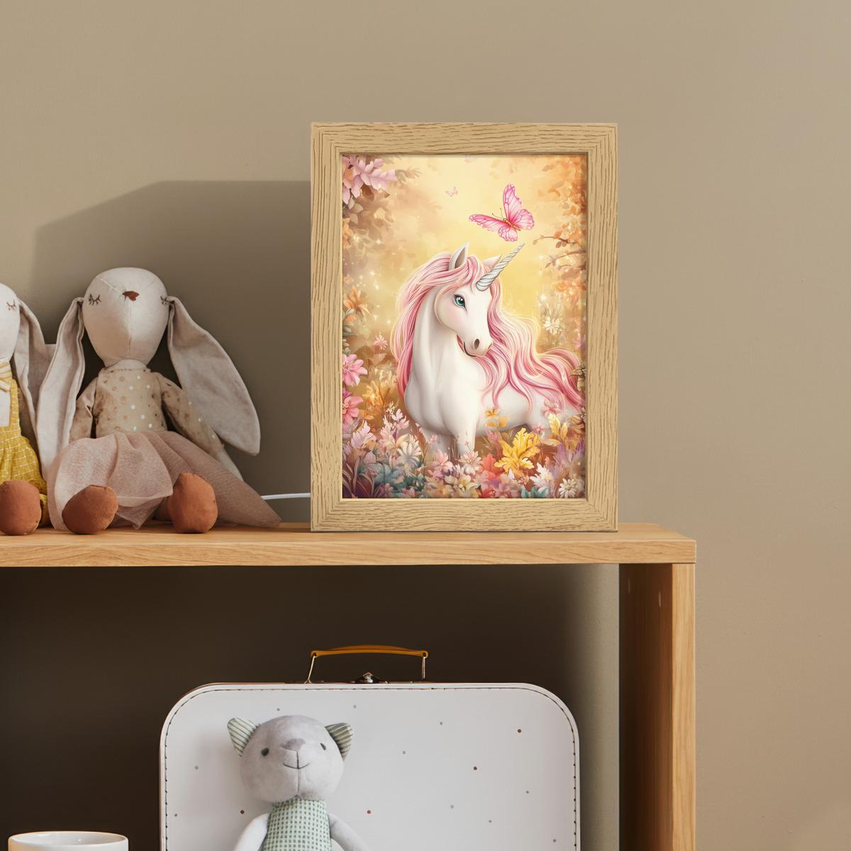 NACHTTISCHLAMPE Einhorn - Blumen - Schmetterling - Rosa 15x20 cm - Beige, Holzwerkstoff (8/15/20cm) - OnlyWow