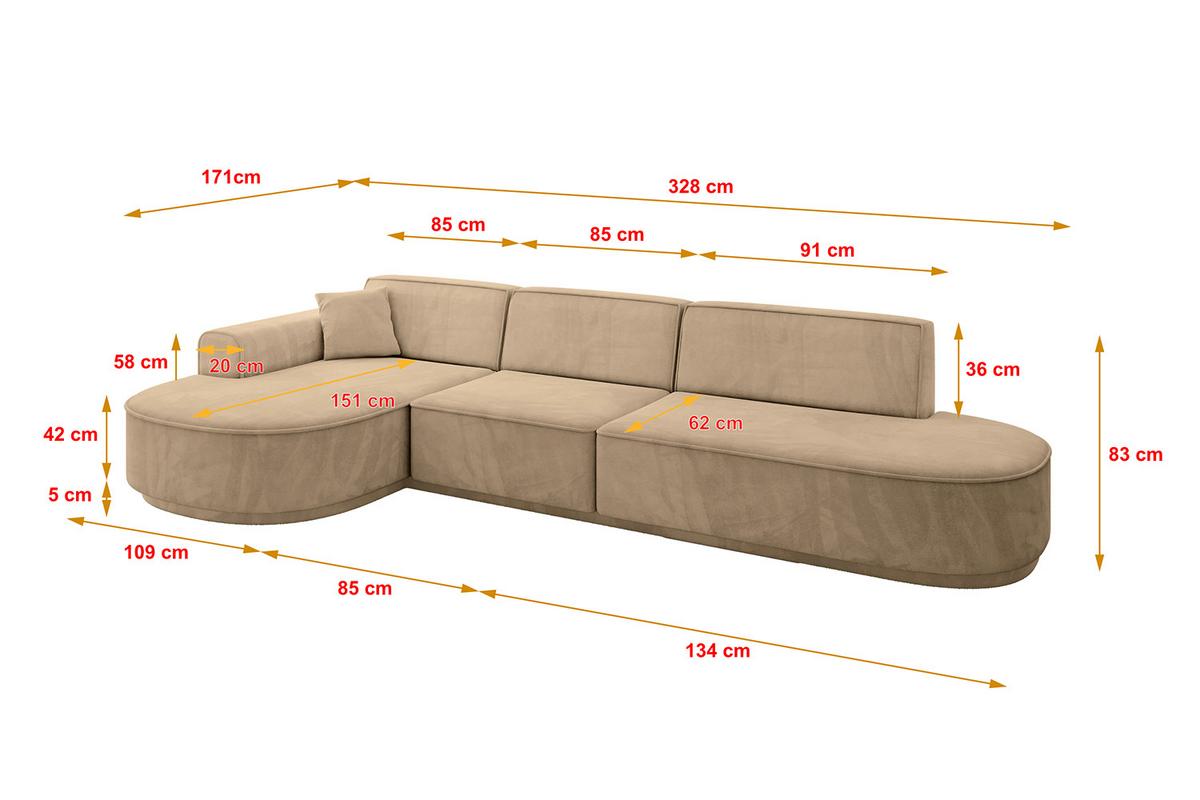 ECKSOFA Ottomane Links MARI-L2-v3 - 328x171x83 cm Taupe Velours - Taupe/Schwarz, Holzwerkstoff/Kunststoff (328/171cm) - ALTDECOR