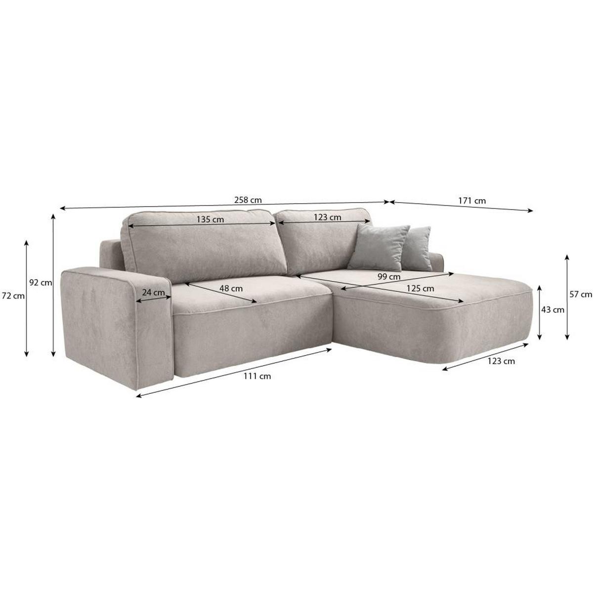 ECKSCHLAFSOFA Torre beige velours rechts - Beige, Textil (258/171cm) - Beautysofa