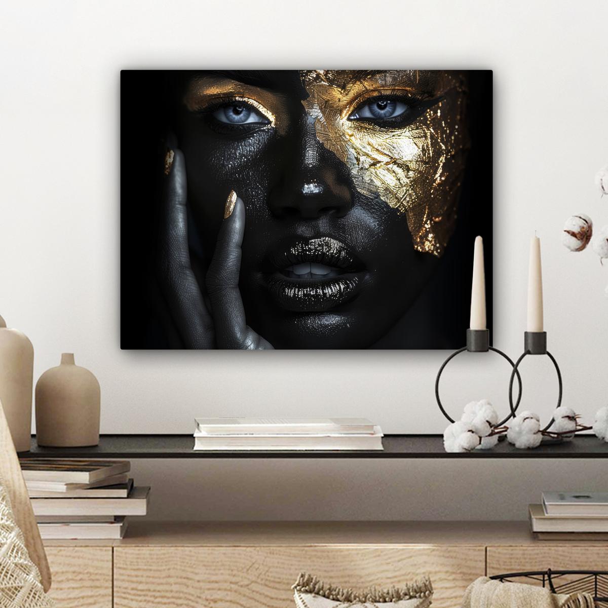 LEINWANDBILD Frau - Gold - Porträt - Schwarz-Weiß - Luxus Wandbild 40x30 cm - Hellblau, Textil (40/30cm) - MuchoWow