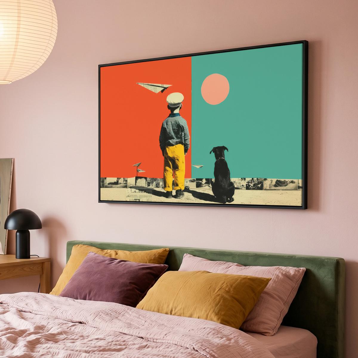 LEINWAND Bilder mit Rahmen - Retro - Junge - Hund - Rot - Grün - 120x80 - Orange, Textil (120/80cm) - MuchoWow