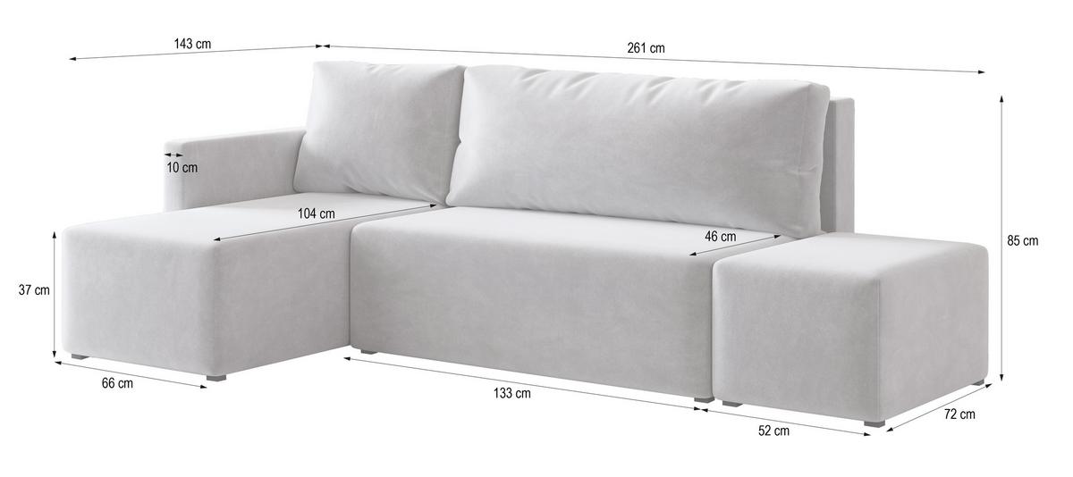 ECKSOFA VELOTTI L-S Grau Plüsch-Stoff mit Schlaffunktion - Grau, Holz (261/143cm) - MASSENO