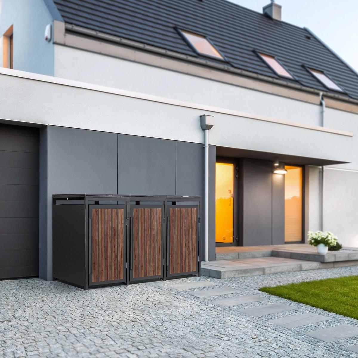 MÜLLTONNENBOX 3er 240L 196x80x120 cm Anthrazit-Eiche dunkel aus Stahl - Dunkelbraun, Metall (80/120/196cm) - ML-DESIGN