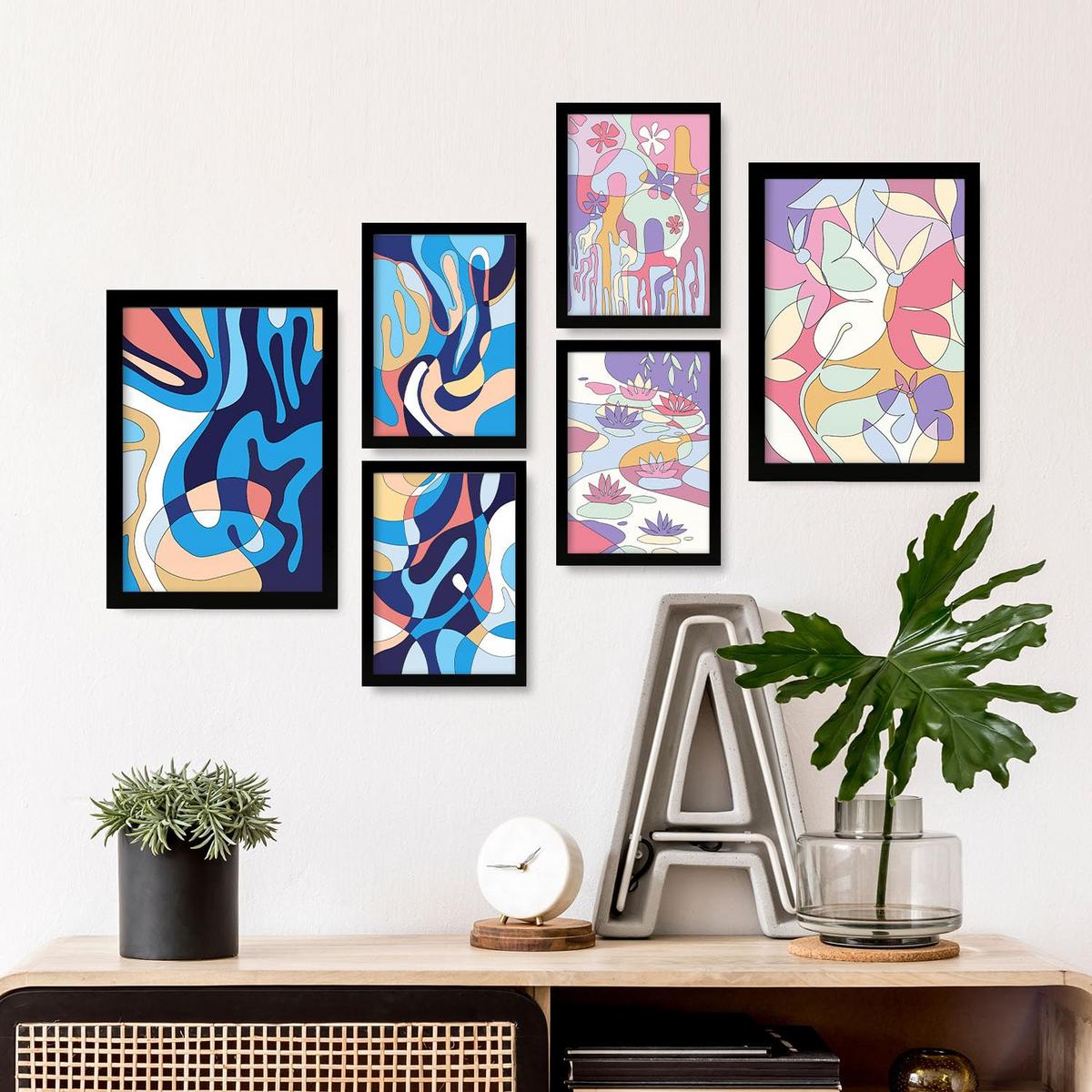 POSTER Set Mit 6 Ethikstile In Blume Zusammenfassung Ästhetische Dekorative Gemälde Für Ihr Wohnzimmer, Schlafzimmer, Zuhause A3 & A4 Schwarzer Rahmen - Schwarz, Papier (29/3cm) - Nacnic