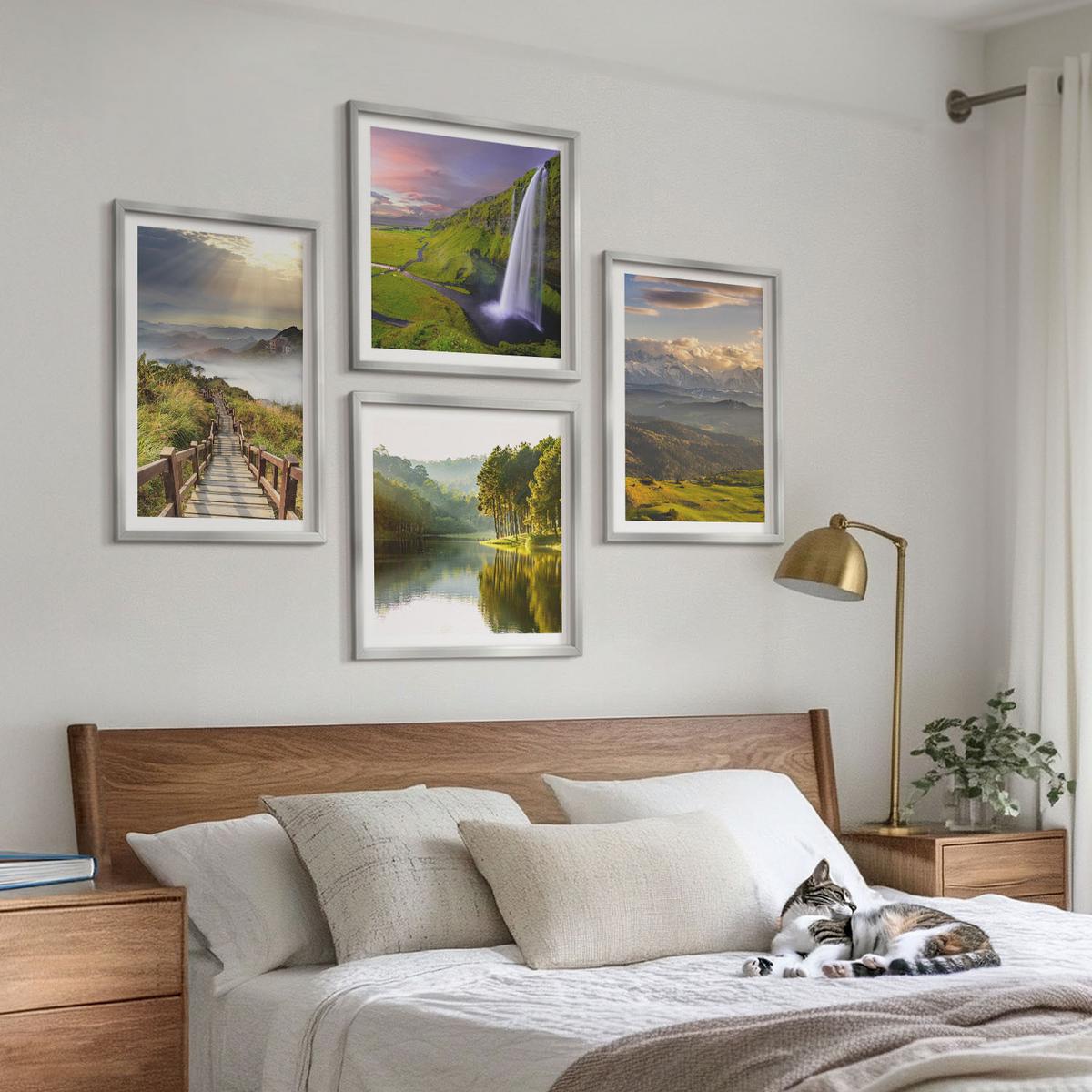 BILDER SET 4er Set - 50x50 cm & 40x60 cm Silberner Rahmen - Berglandschaften Wasserfall - Silberfarben, Kunststoff (50/50cm) - TULUP