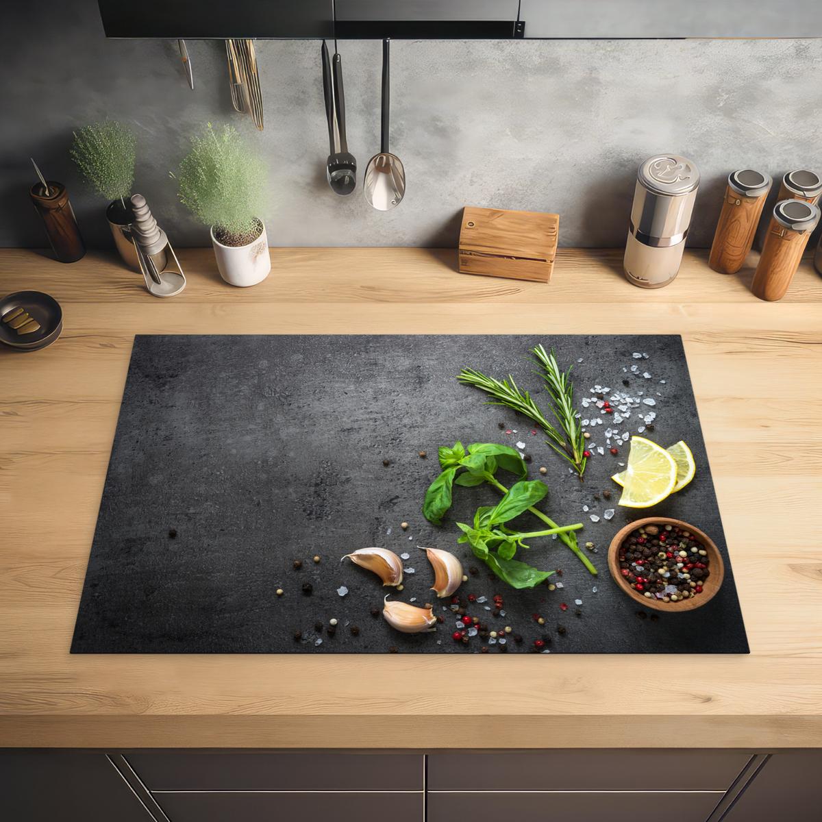 HERDABDECKPLATTE Limette - Kräuter - Gewürze - Grün - Grau - Beton Induktionsmatte 77x51 cm - Grün, Kunststoff (77/51/0.2cm) - MuchoWow