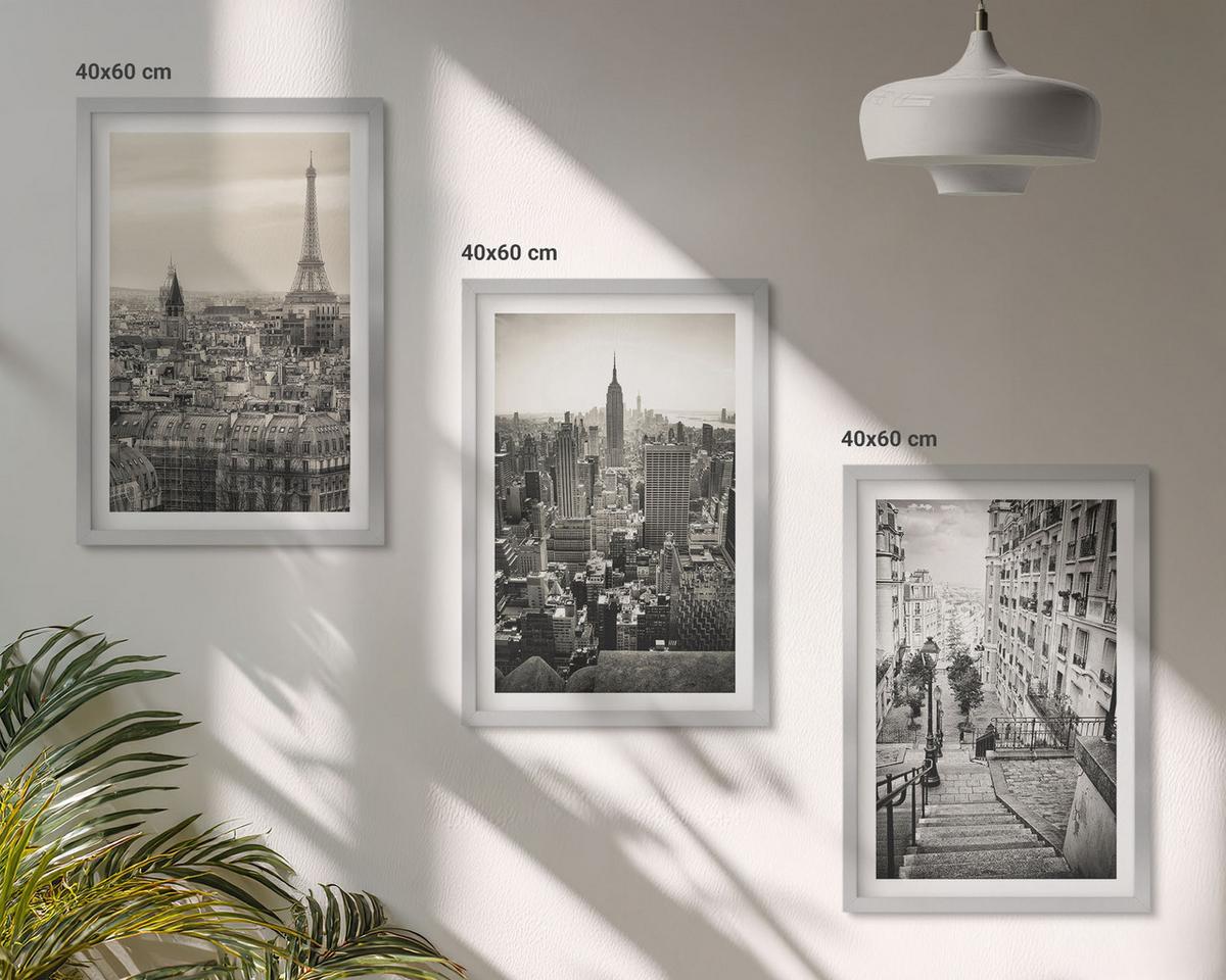 BILDER SET 3er Set - 40x60 cm Silberner Rahmen - Aussicht Paris New York Treppen - Silberfarben, Kunststoff (40/60cm) - TULUP