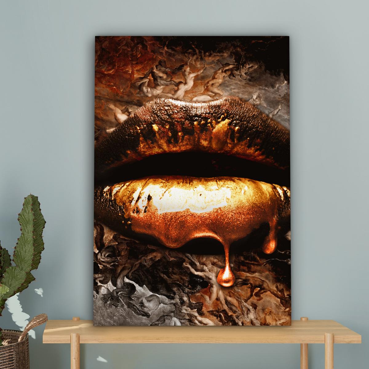 LEINWANDBILD Gold - Lippen - Kunst - Gold - Luxus - Abstrakt Wanddeko Schlafzimmer 60x90 cm - Kupferfarben, Textil (60/90cm) - MuchoWow