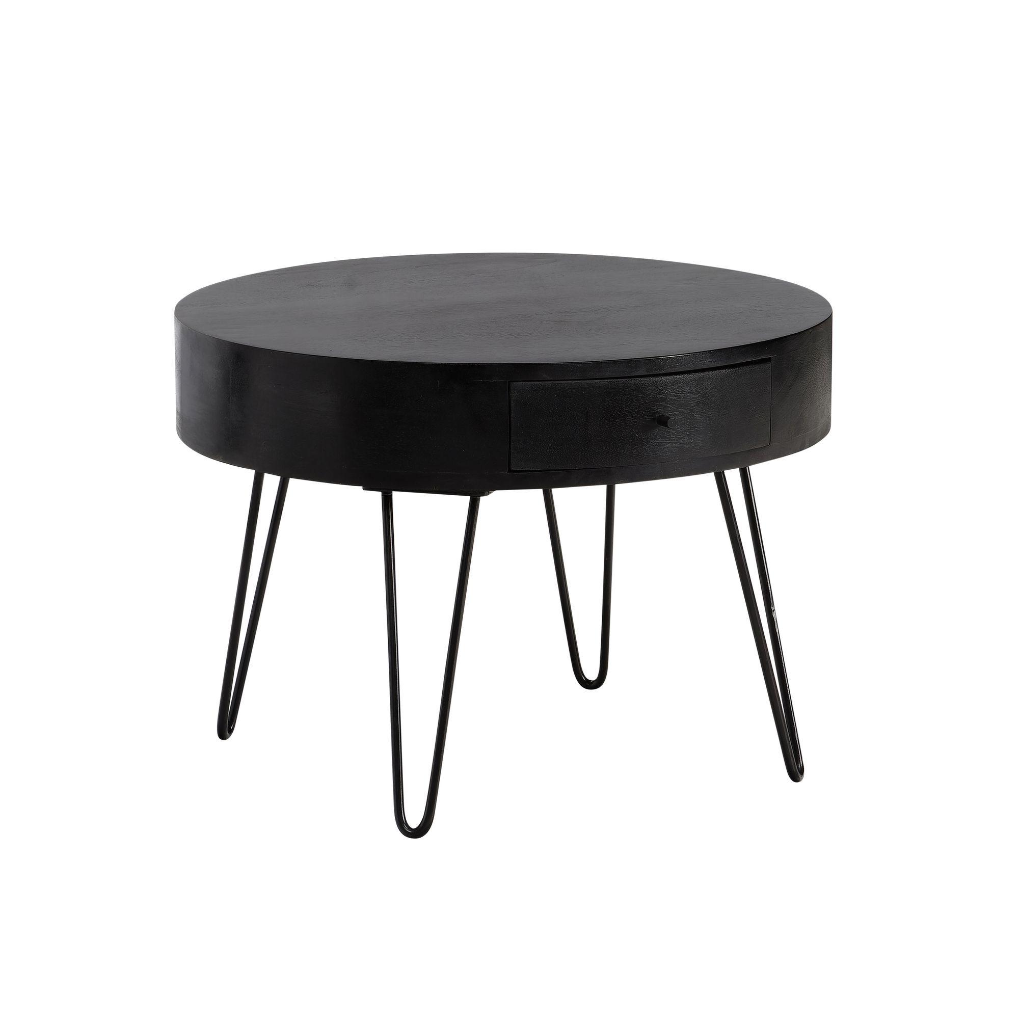 COUCHTISCH Rund Mango Massivholz Metall, 60x60x43 cm, mit Schublade, Stauraum und Haarnadelbeinen - Schwarz, Holz/Metall (60/60/43cm) - KADIMA DESIGN