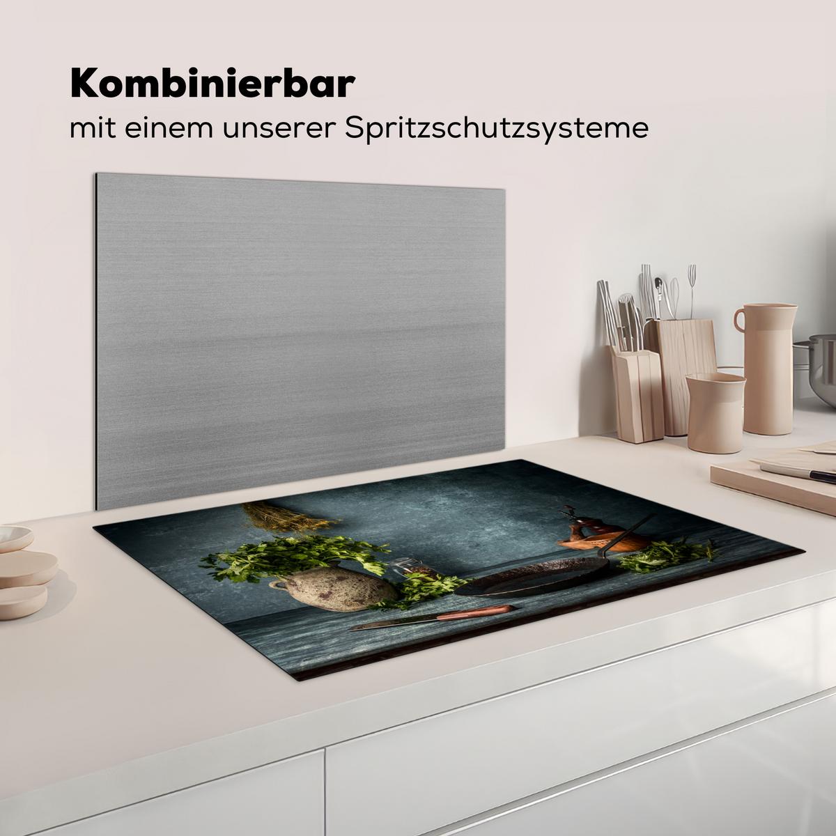 HERDABDECKPLATTE Kräuter - Gewürze - Pfanne - Messer - Grau - Rustikal Abdeckung Ceranfeld 81.2x52 cm - Petrol, Kunststoff (81.2/52/0.2cm) - MuchoWow