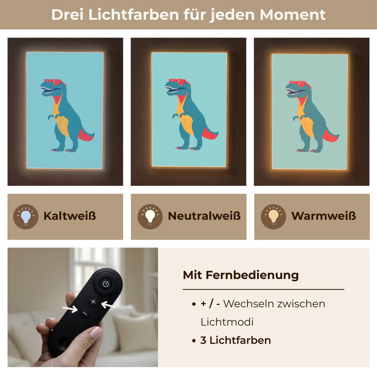 WANDLEUCHTE MIT AKKU Dinosaurier - Blau - Sonnenbrille 70x100 cm - Hellblau, Holzwerkstoff (70/100/8cm) - OnlyWow