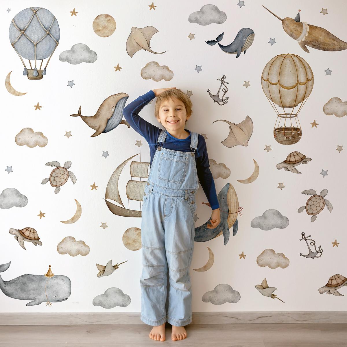WANDSTICKER SET Wale Schildkröten Wolken Luftballons Sterne 60x30 - Beige/Braun, Papier (60/30/1cm) - Muralo