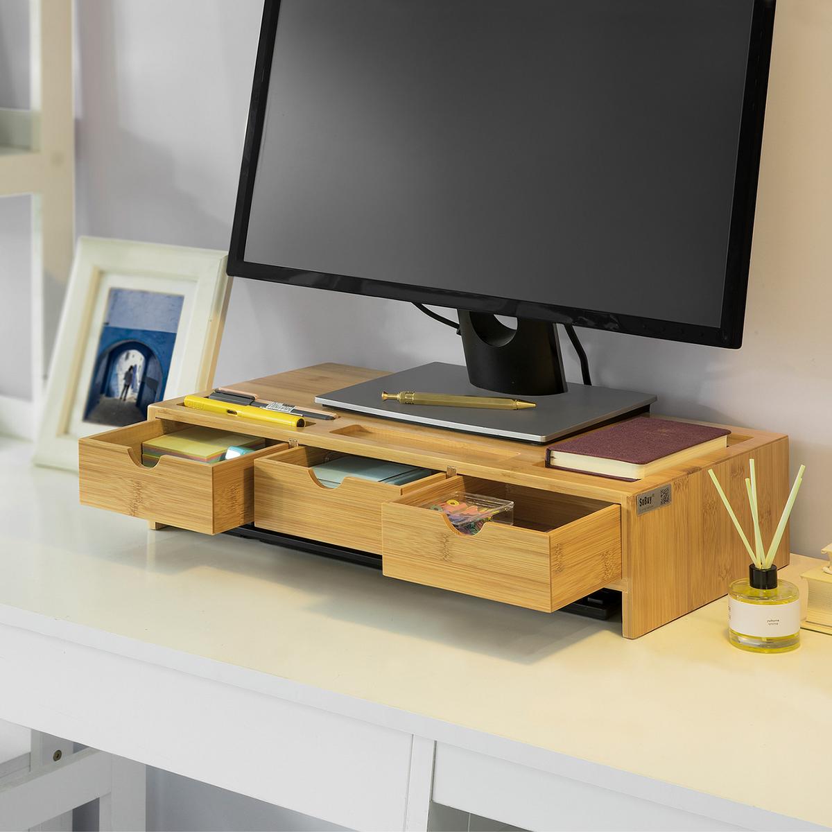 MONITORSTÄNDER mit Schubladen BBF03-N - Ahornfarben, Fell (25/51/11.5cm) - SoBuy