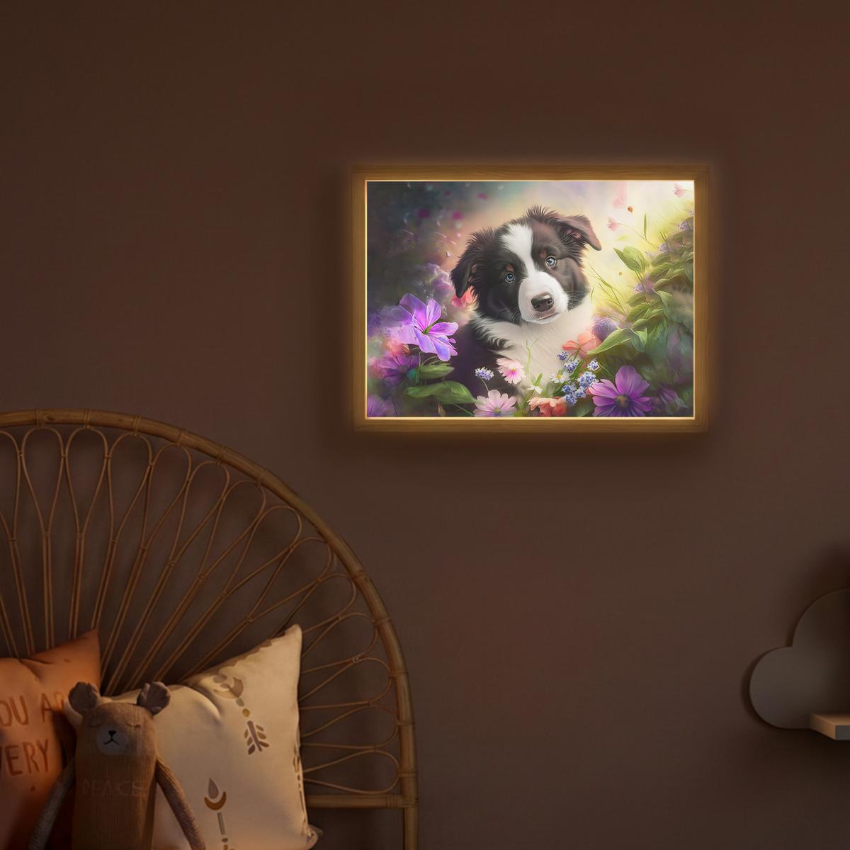 WANDLEUCHTE MIT AKKU Welpe - Sonne - Blumen - Natur - Border Collie - Hund 40x30 cm - Violett, Holzwerkstoff (40/30/8cm) - OnlyWow