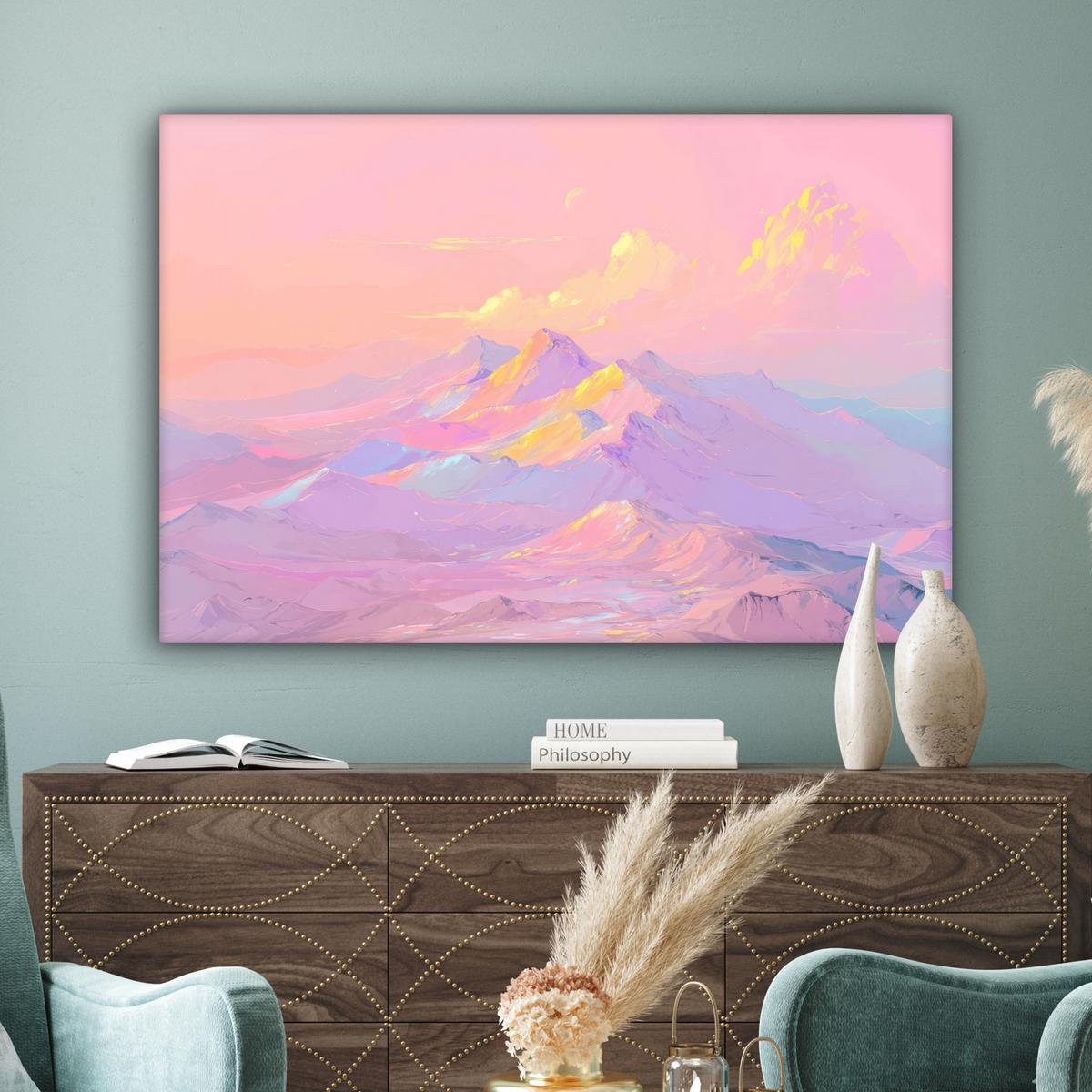 LEINWANDBILD Berggipfel - Wolken - Verträumt Wohnzimmer Groß 120x80 cm - Hellrosa, Textil (120/80cm) - MuchoWow