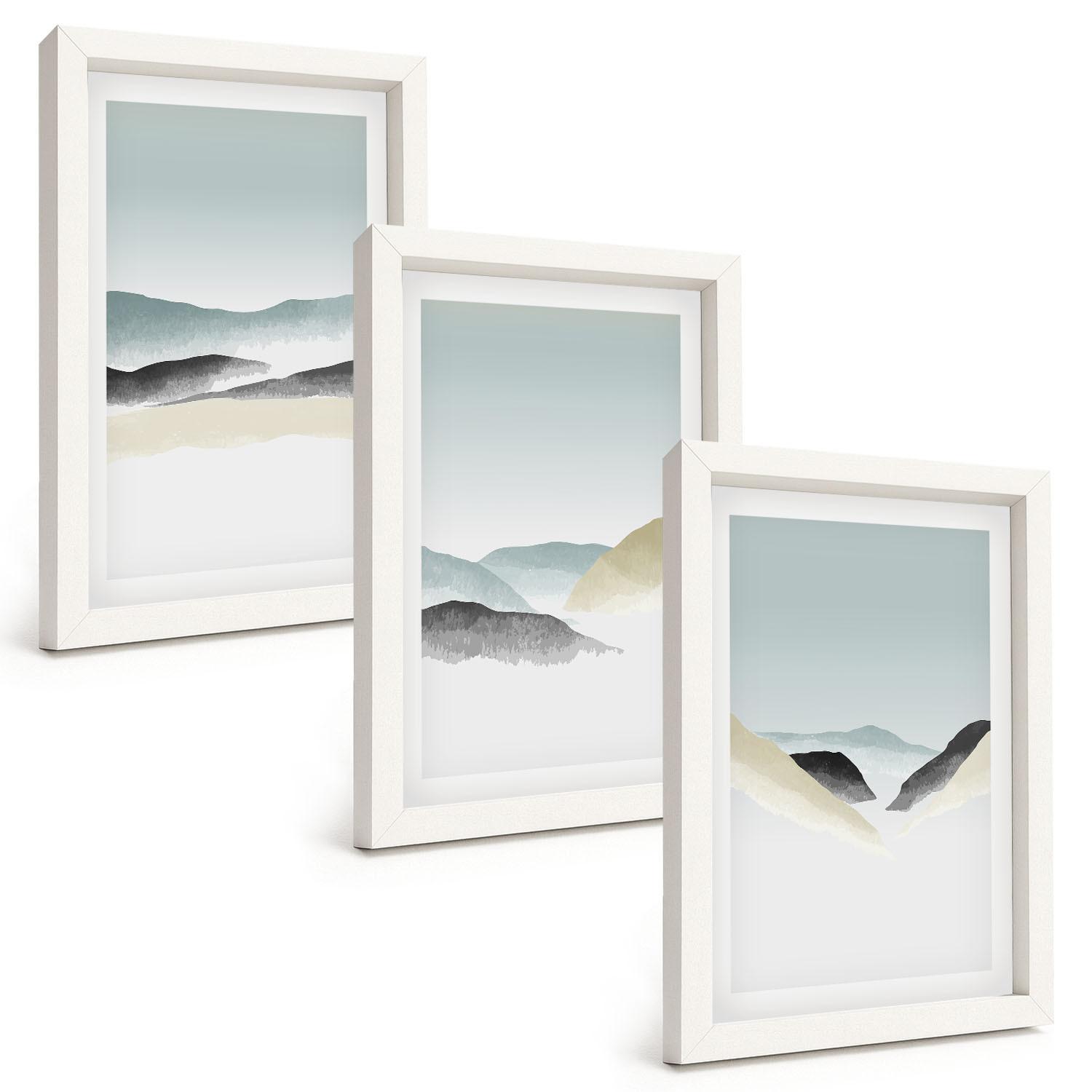 BILDER SET 3er Set - 20x30 cm Weißer Rahmen - Minimalistische Pastellberge - Weiß, Kunststoff (20/30cm) - TULUP