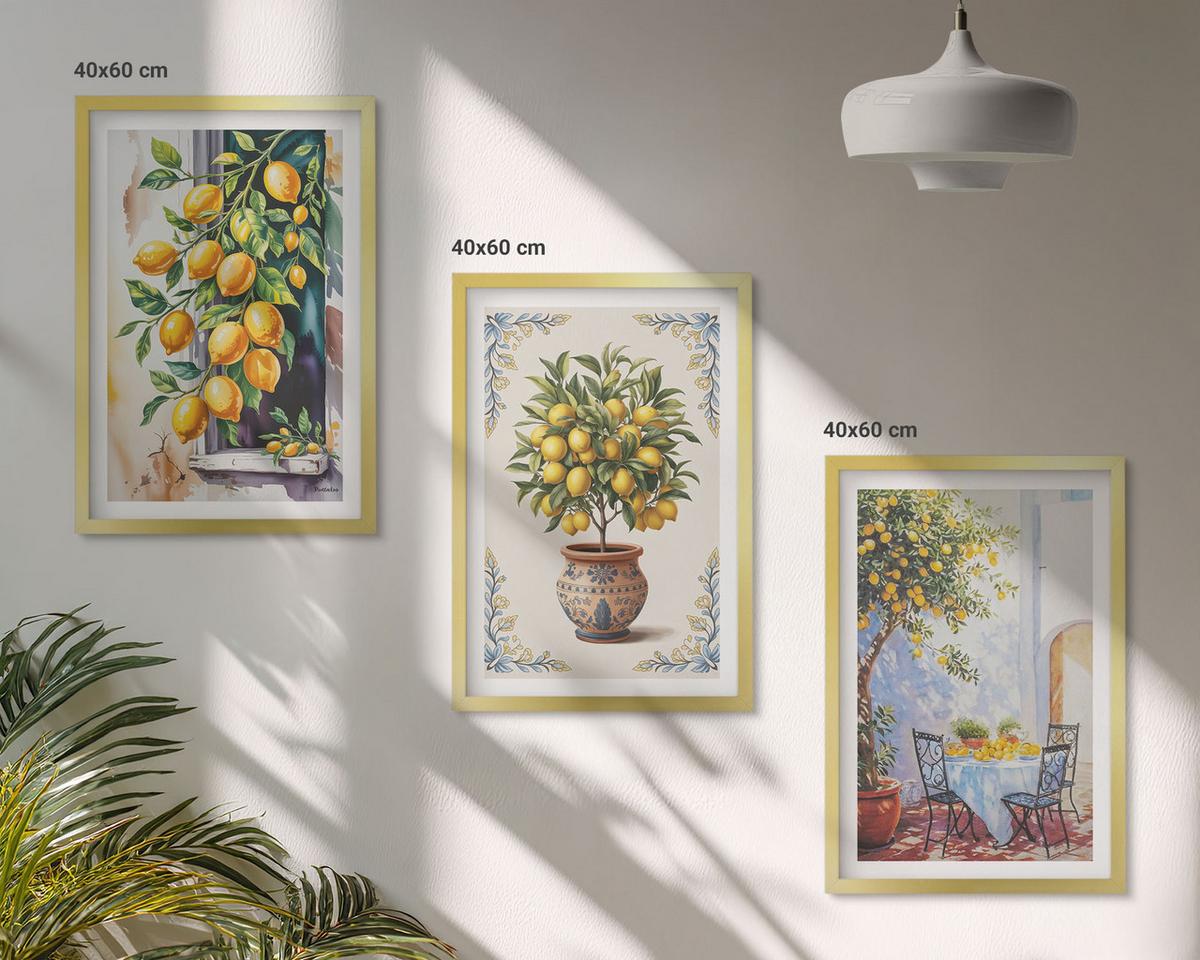 BILDER SET 3er Set - 40x60 cm Goldrahmen - Zitronenbäume Früchte Sonne - Goldfarben, Kunststoff (40/60cm) - TULUP