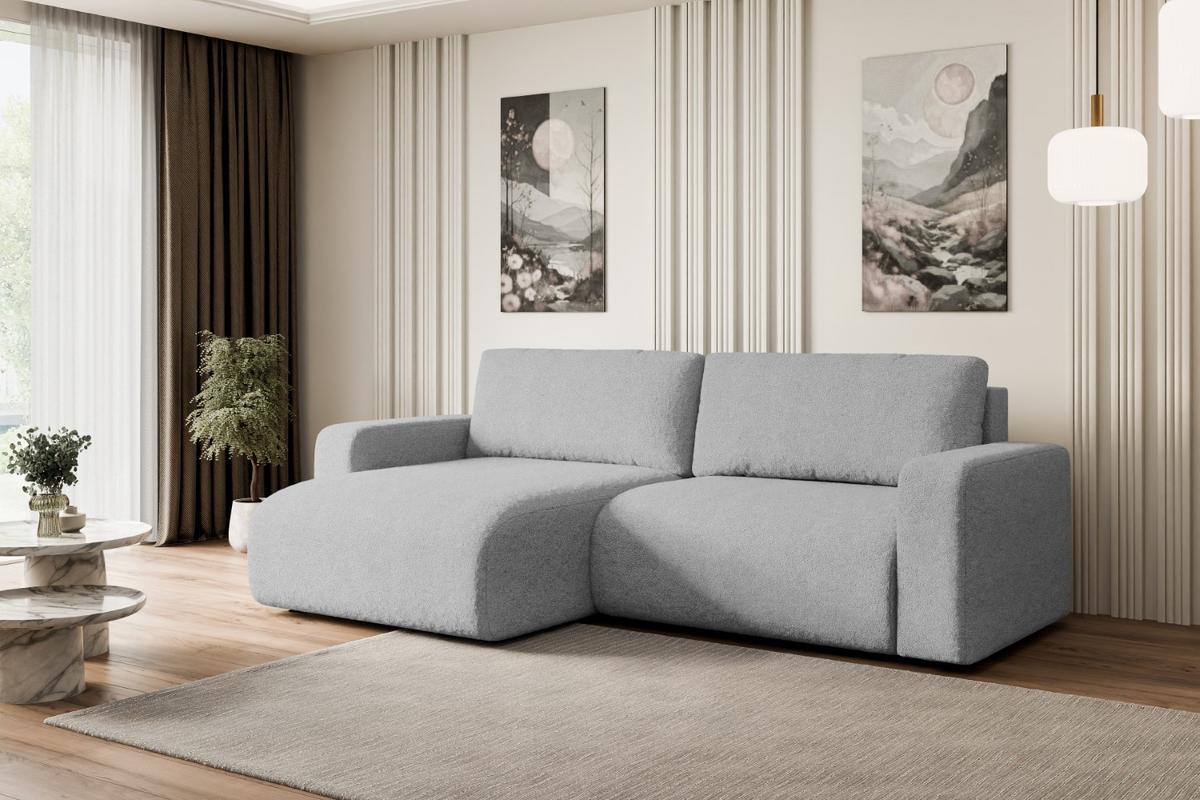ECKSOFA mit Schlaffunktion und Bettkasten KLEEA-L - 247x143x83 cm Hellgrau Bouclé - Hellgrau/Schwarz, Holzwerkstoff/Kunststoff (247/143cm) - ALTDECOR