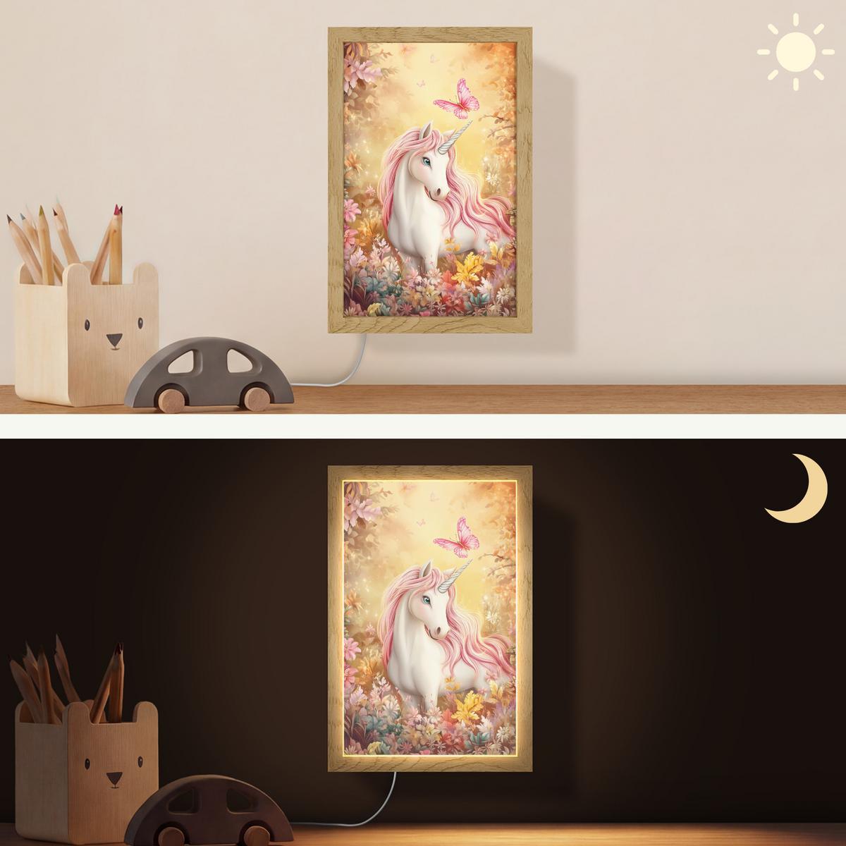 WANDLEUCHTE Einhorn - Blumen - Schmetterling - Rosa 20x30 cm - Beige, Holzwerkstoff (20/30/8cm) - OnlyWow