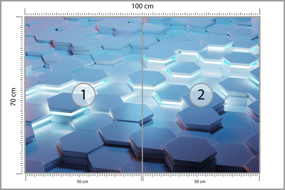 FOTOTAPETE für Jugendzimmer Blaue Neon Hexagone Formen Geometrie 100x70 - Blau/Weiß, Papier (100/70cm) - Muralo