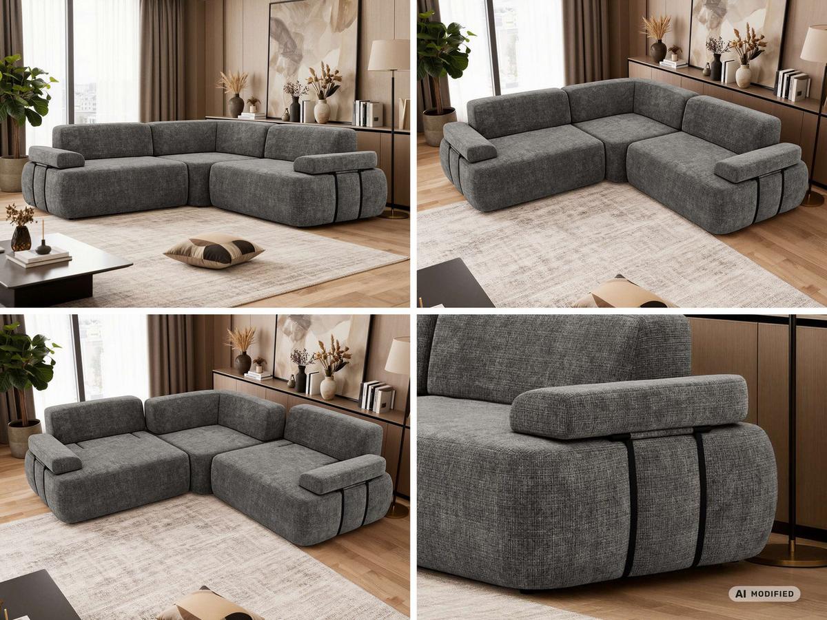 ECKSOFA MIREO L - Dunkelgrau Schenille grob gewebt - Dunkelgrau/Schwarz, Kunststoff/Textil (257/257cm) - MKS