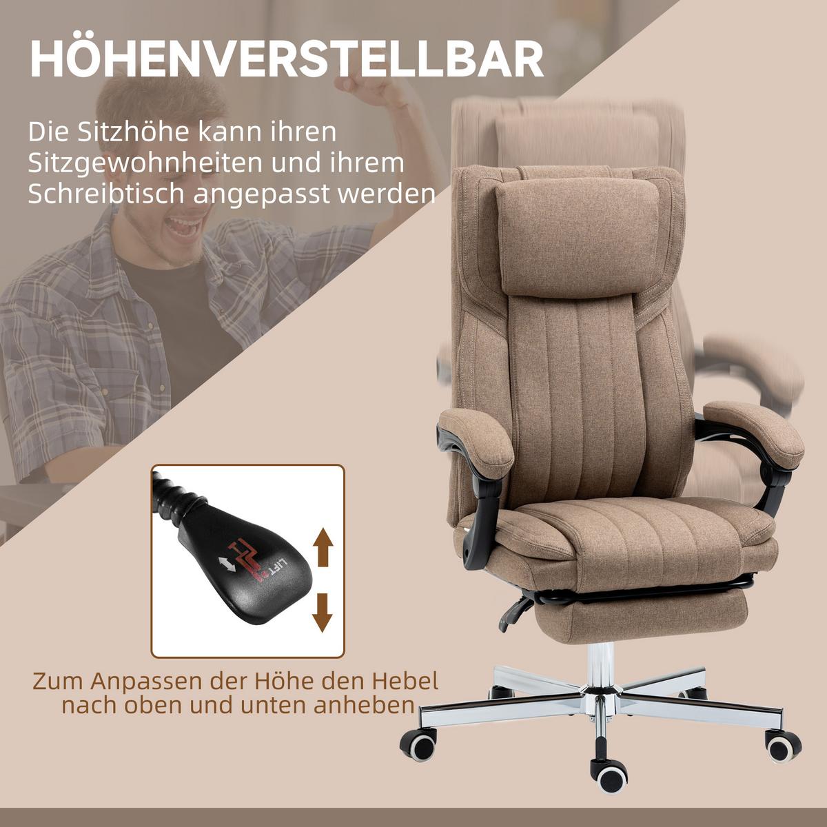 BÜROSTUHL mit Massagefunktion, Ergonomischer Schreibtischstuhl mit Liegefunktion - Braun, Kunststoff (61/118/65cm) - Vinsetto